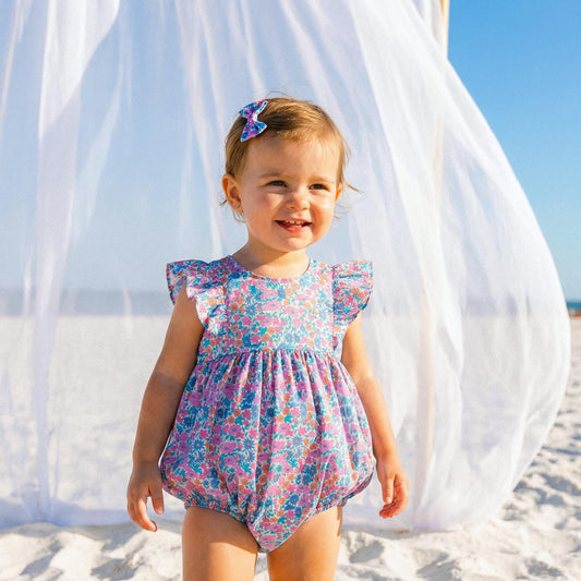 Liberty London Ruffle Sleeveless Bubble Romper, Personalised Children Clothing, Sustainable Ethical-wear, Cotton Lightweight Sunsuit