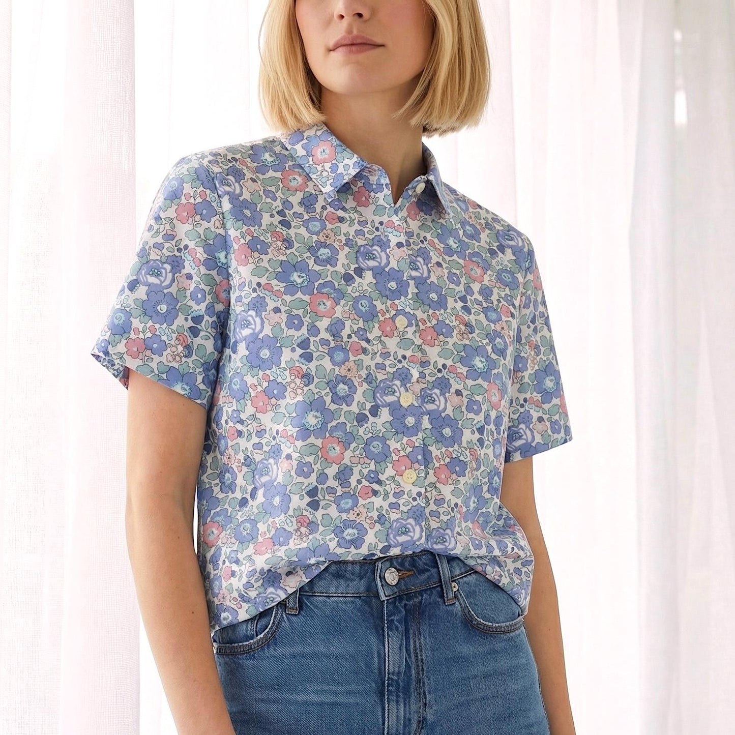 Liberty London Classic Short Sleeves Button-up Shirt, Tailoring Botanical Chemise, Versatile Sustainable Personalised Womenswear