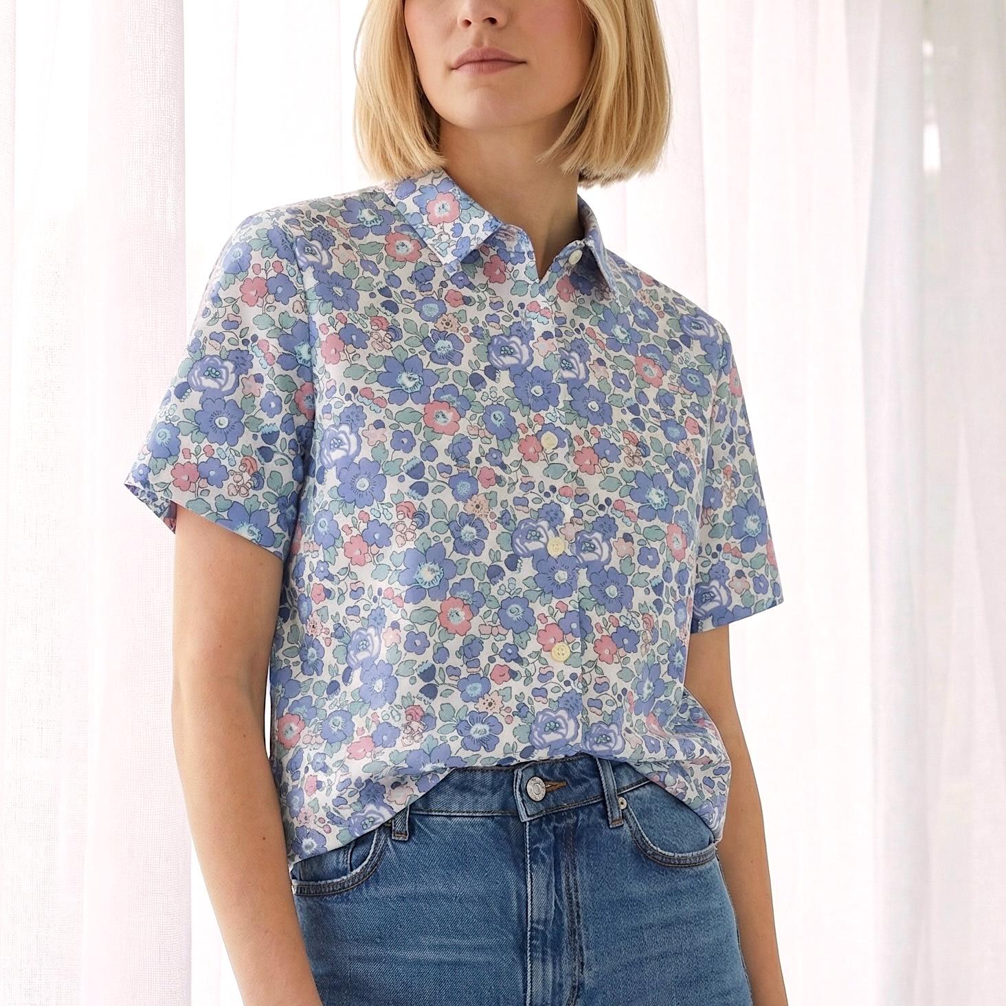 Liberty London Classic Short Sleeves Button-up Shirt, Tailoring Botanical Chemise, Versatile Sustainable Personalised Womenswear