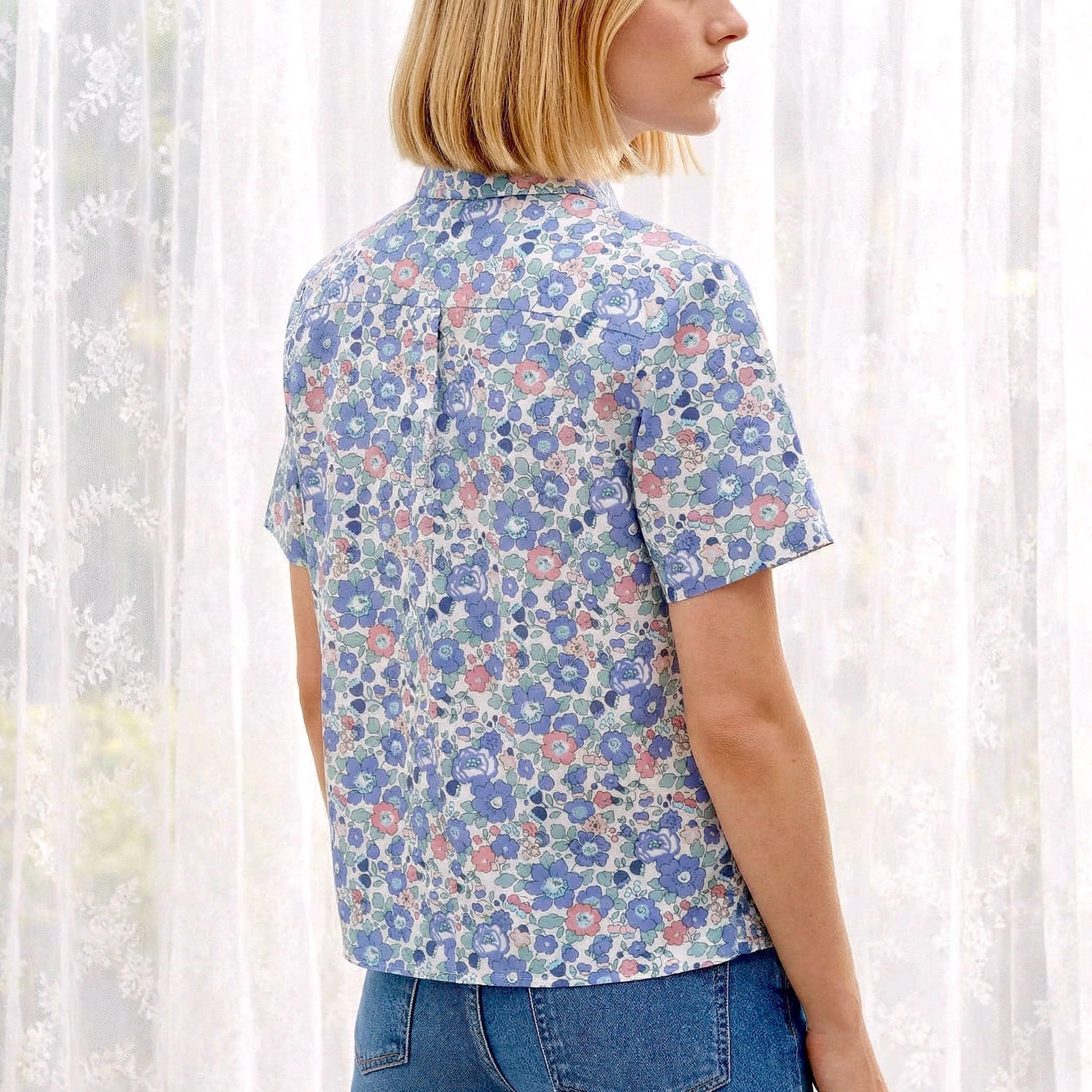 Liberty London Classic Short Sleeves Button-up Shirt, Tailoring Botanical Chemise, Versatile Sustainable Personalised Womenswear