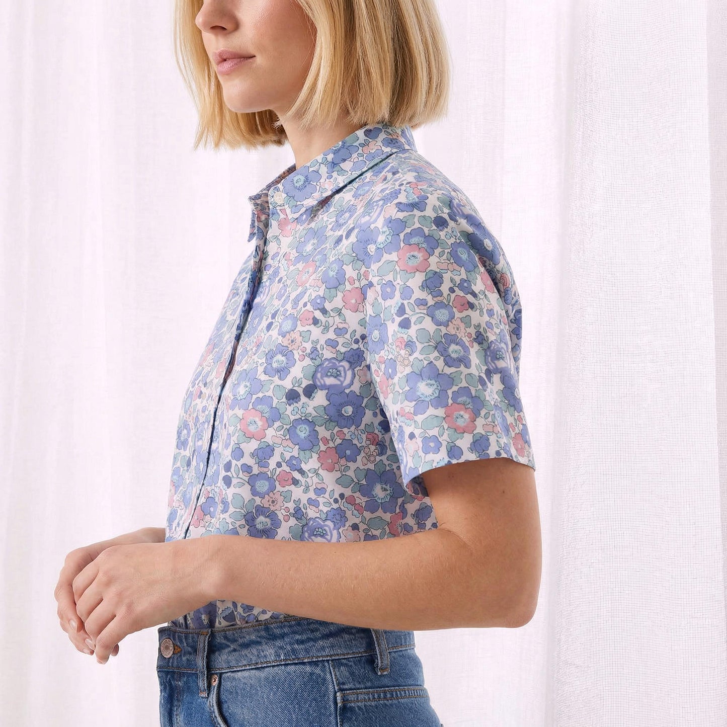 Liberty London Classic Short Sleeves Button-up Shirt, Tailoring Botanical Chemise, Versatile Sustainable Personalised Womenswear