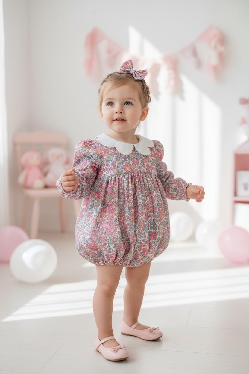 May include: A young child wearing a floral print romper with a white collar and matching bow. The long-sleeved romper features a pink and white floral pattern. The child is also wearing pink ballet flats. The background includes pink balloons and a pink chair.