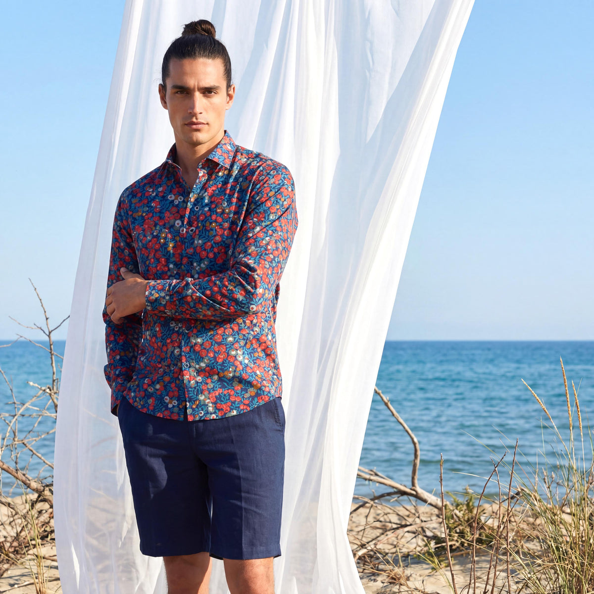 Liberty London Long-sleeved Button-up Shirt, Personalised Menswear, Tailoring Chemise, Sustainable Cotton Clothing, Botanical Design