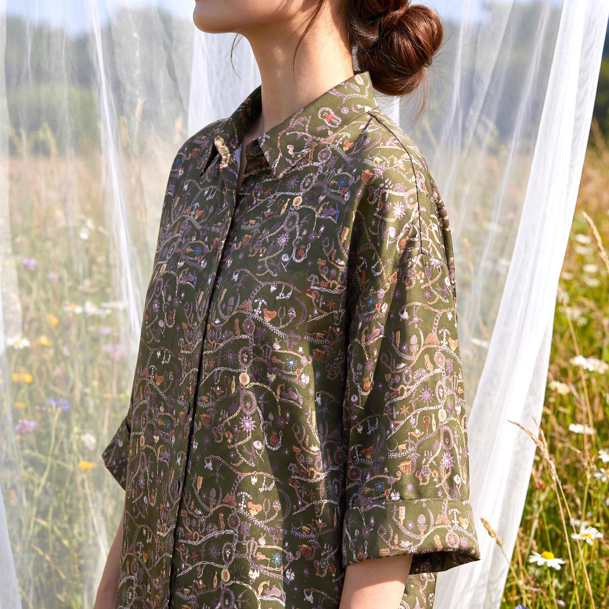 Liberty London Kimono Shirt, Bracelet Sleeves Button-up Chemise, Handmade Personalised Blouse, Botanical Sustainable Clothing