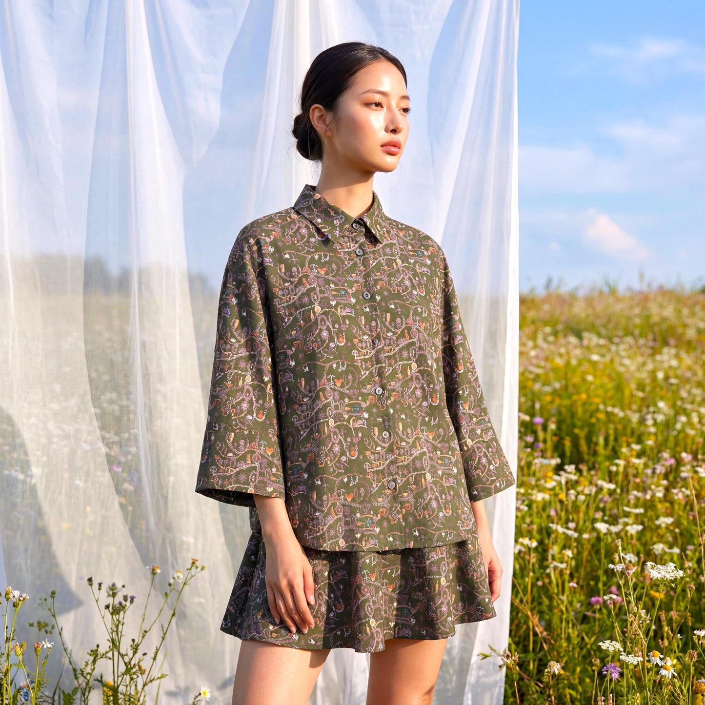 Liberty London Kimono Shirt, Bracelet Sleeves Button-up Chemise, Handmade Personalised Blouse, Botanical Sustainable Clothing