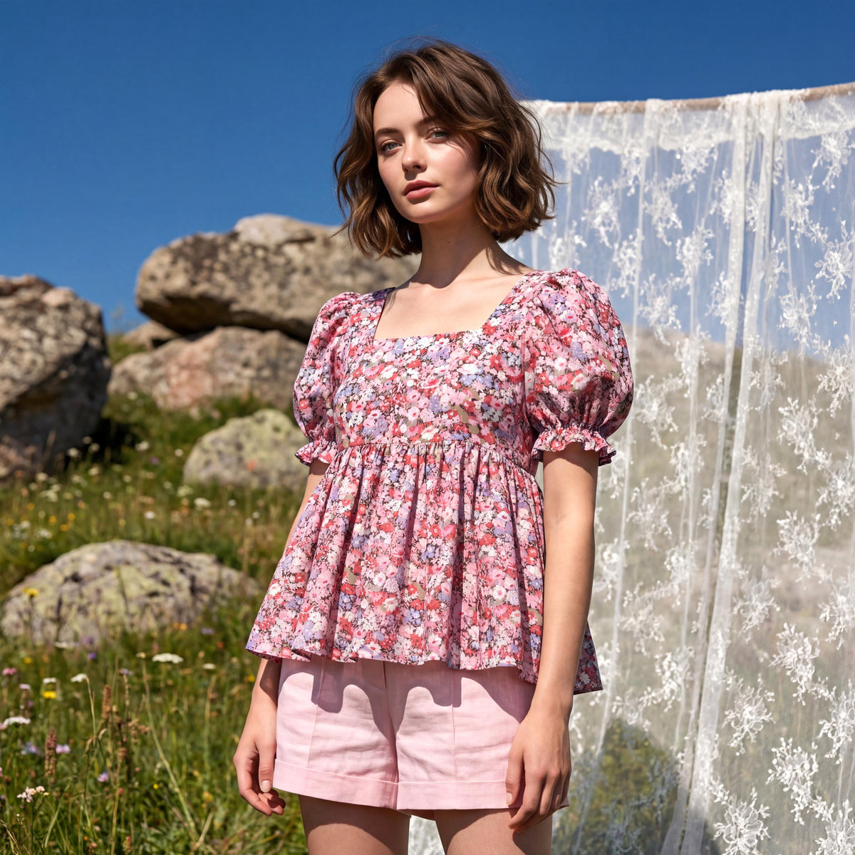 Liberty London Peplum Blouse, Square Neck Short-sleeved Top, Handmade Sustainable Cotton Clothing, Personalised Womenswear