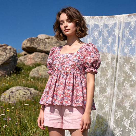 Liberty London Peplum Blouse, Square Neck Short-sleeved Top, Handmade Sustainable Cotton Clothing, Personalised Womenswear