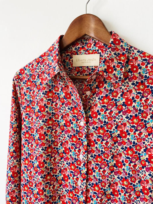 Liberty London Button-up Long-sleeved Dress Shirt, Handmade Botanical Clothing, Sustainable Cotton Womenswear, Tailoring Blouse