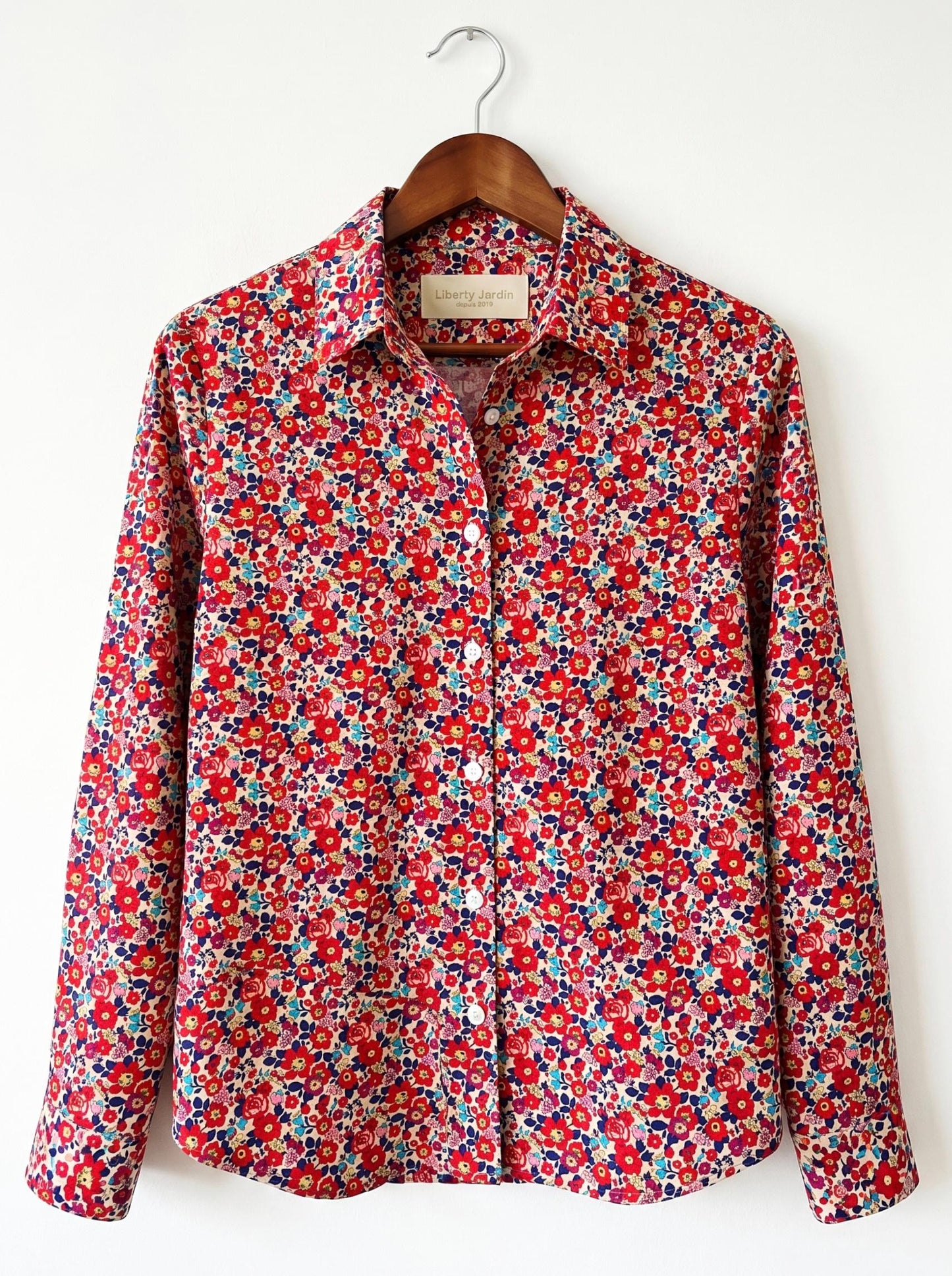 Liberty London Button-up Long-sleeved Dress Shirt, Handmade Botanical Clothing, Sustainable Cotton Womenswear, Tailoring Blouse