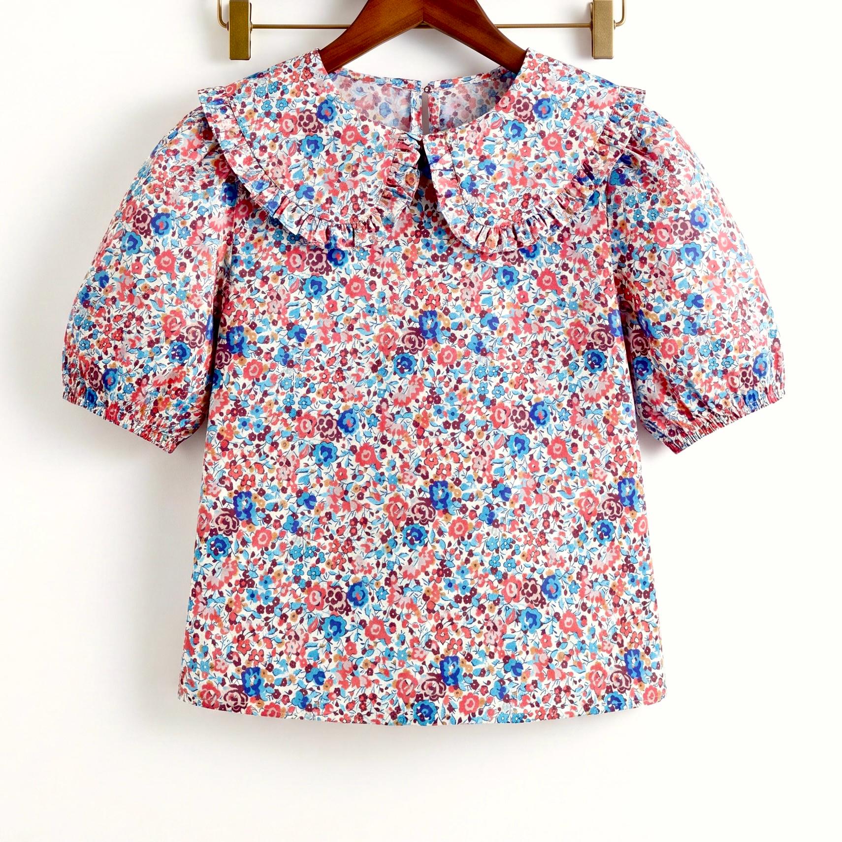 Liberty London Ruffle Peter-Pan Collared Short-sleeved Top, Handmade Sustainable Children Clothing, Customised Button-Up Blouse