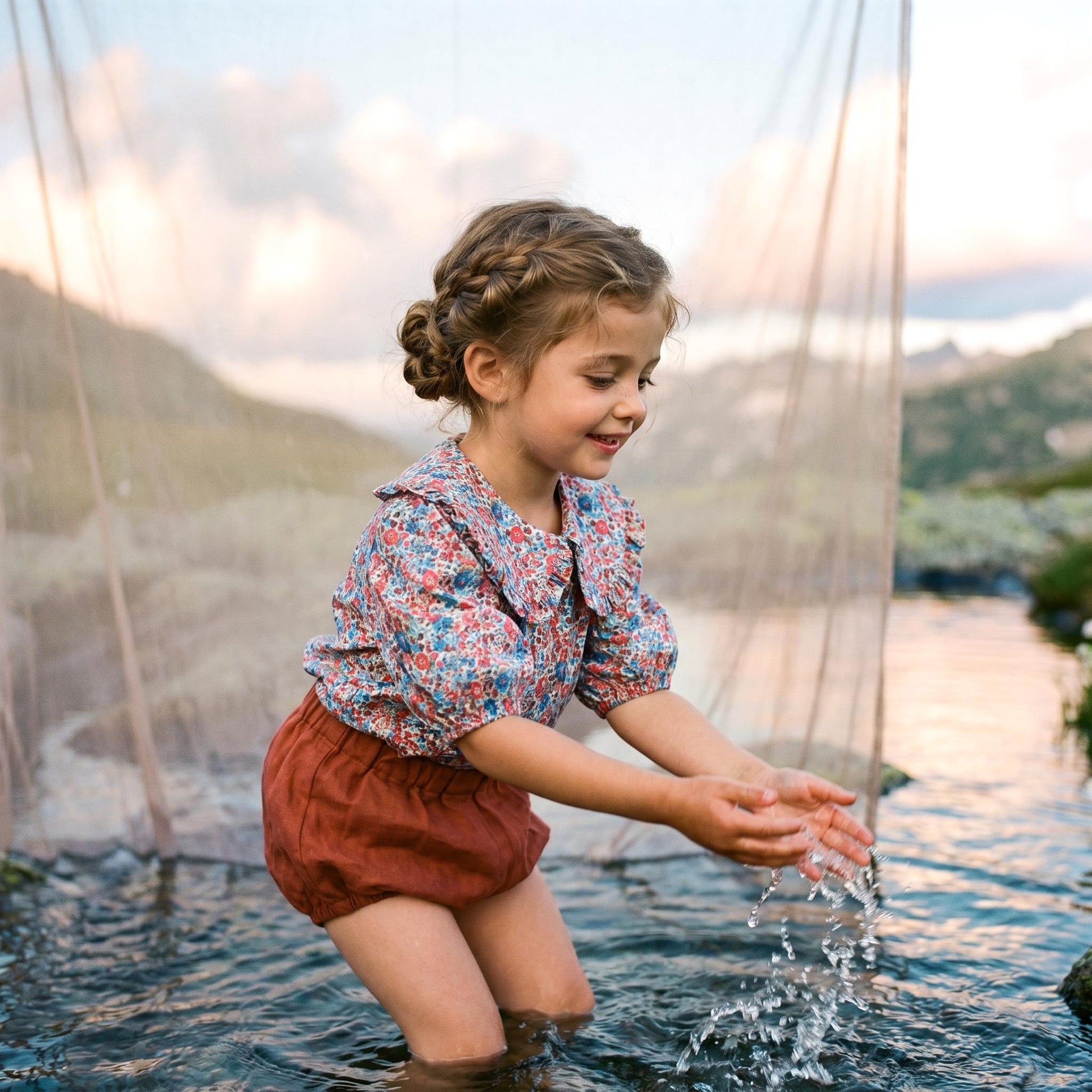 Liberty London Ruffle Peter-Pan Collared Short-sleeved Top, Handmade Sustainable Children Clothing, Customised Button-Up Blouse