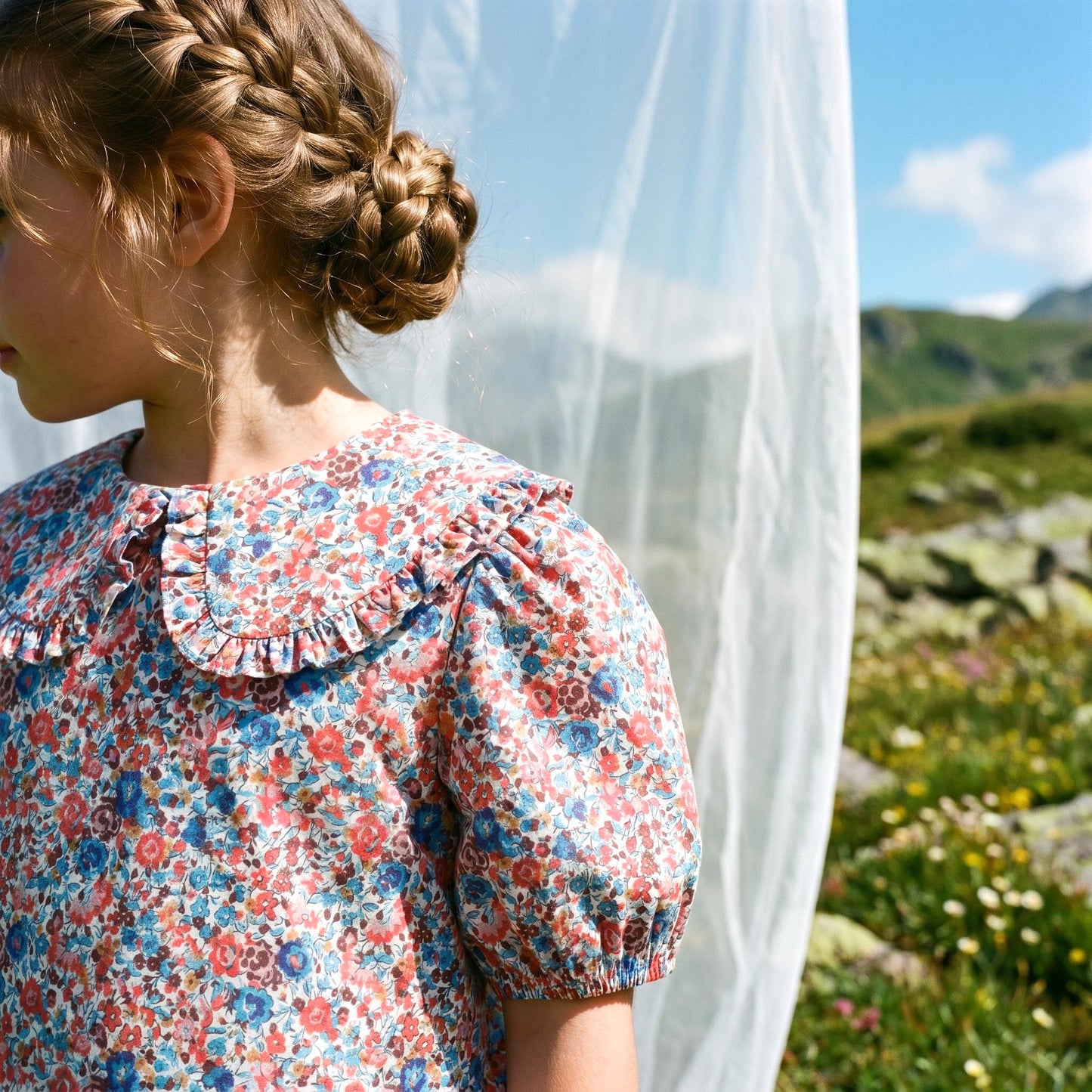 Liberty London Ruffle Peter-Pan Collared Short-sleeved Top, Handmade Sustainable Children Clothing, Customised Button-Up Blouse