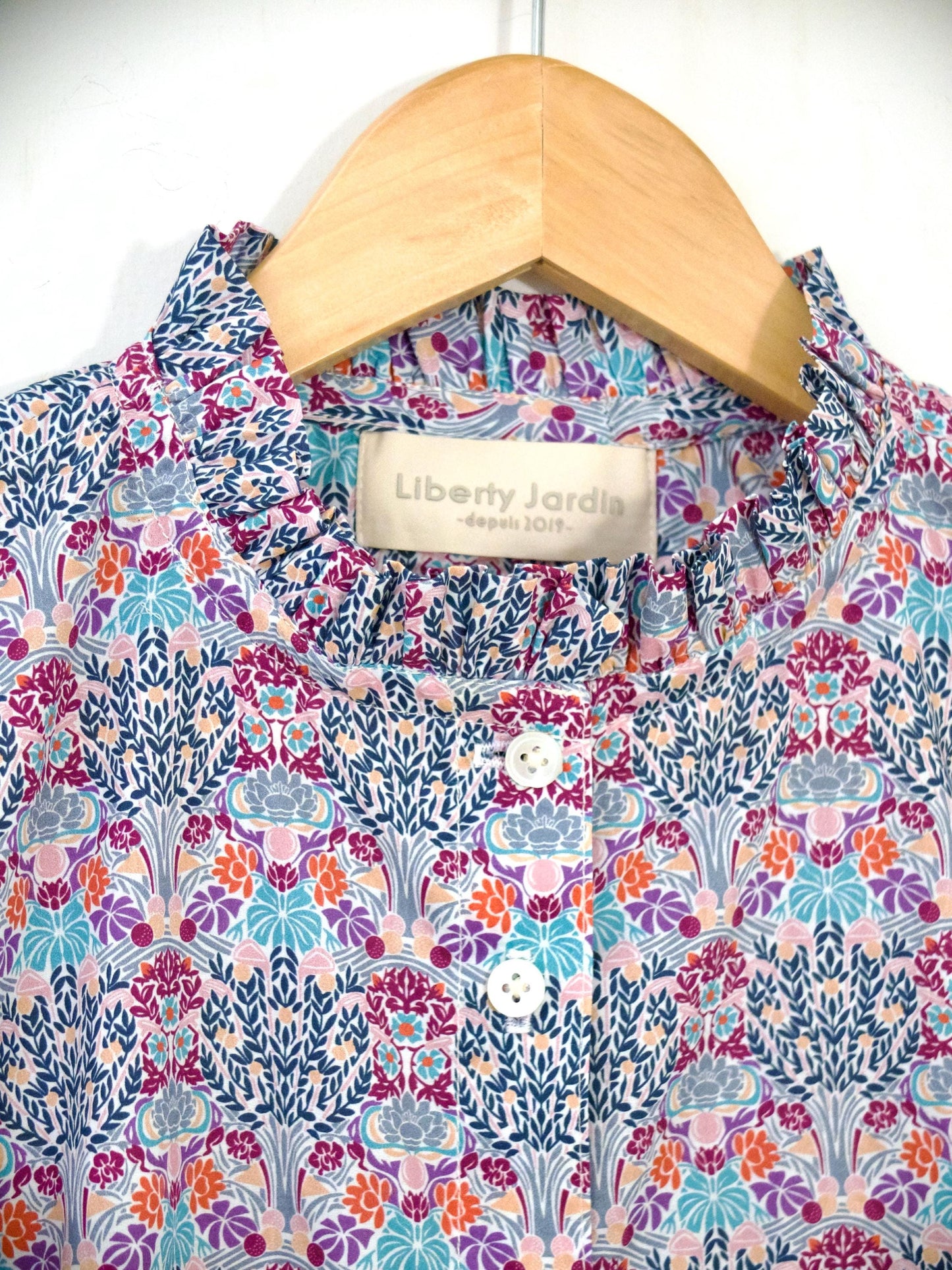 Liberty London Ruffle Collared Short-sleeved Blouse, Handmade Button-up Botanical Personalised Shirt, Botanical Sustainable Clothing