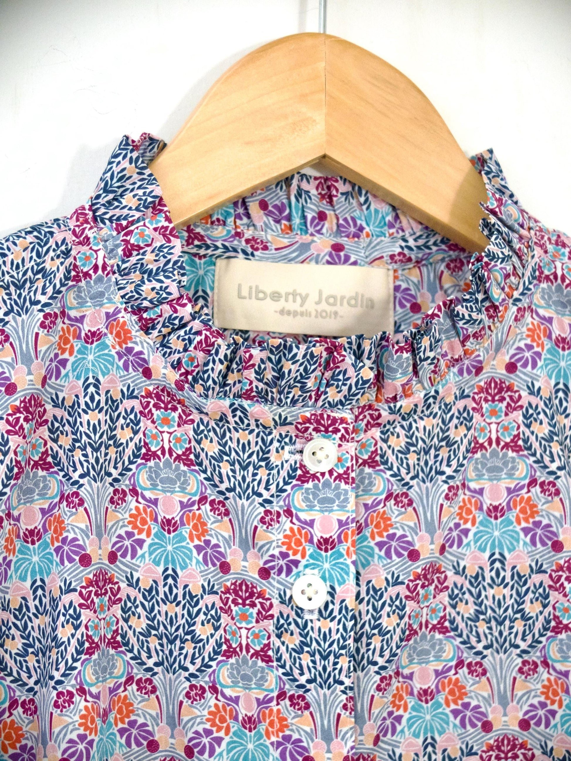 Liberty London Ruffle Collared Short-sleeved Blouse, Handmade Button-up Botanical Personalised Shirt, Botanical Sustainable Clothing