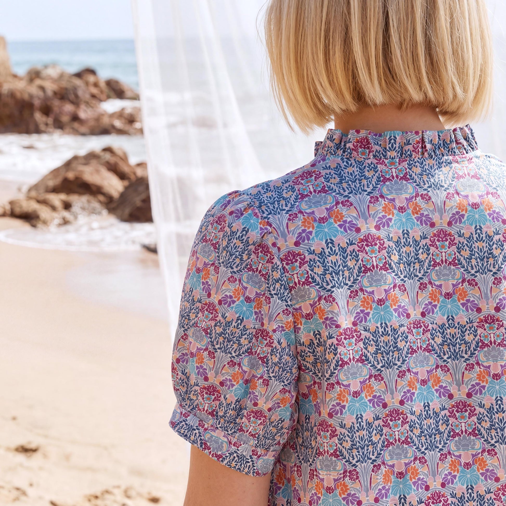 Liberty London Ruffle Collared Short-sleeved Blouse, Handmade Button-up Botanical Personalised Shirt, Botanical Sustainable Clothing