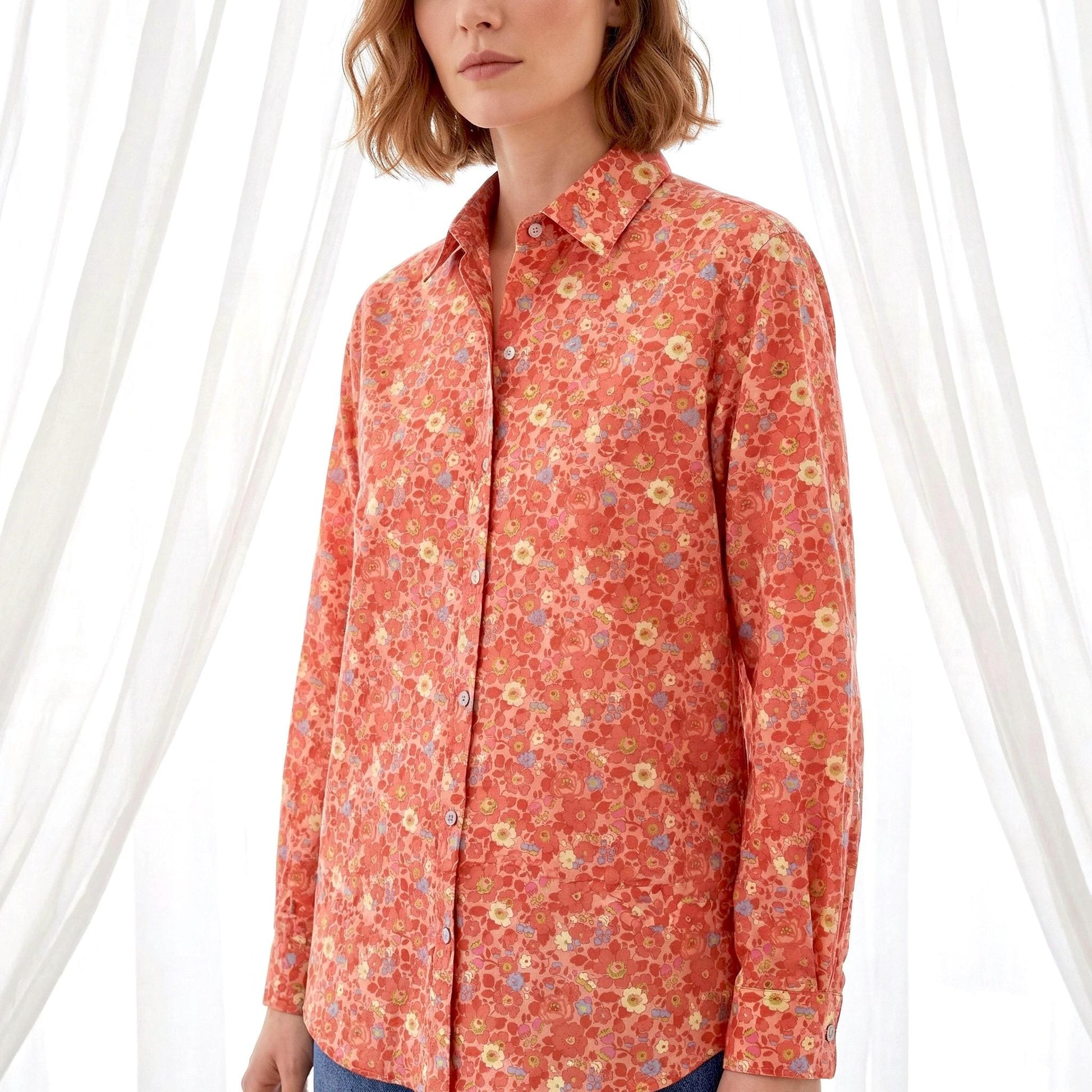 Liberty London Button-up Long-sleeved Dress Shirt, Handmade Botanical Clothing, Sustainable Cotton Womenswear, Tailoring Personalised Blouse