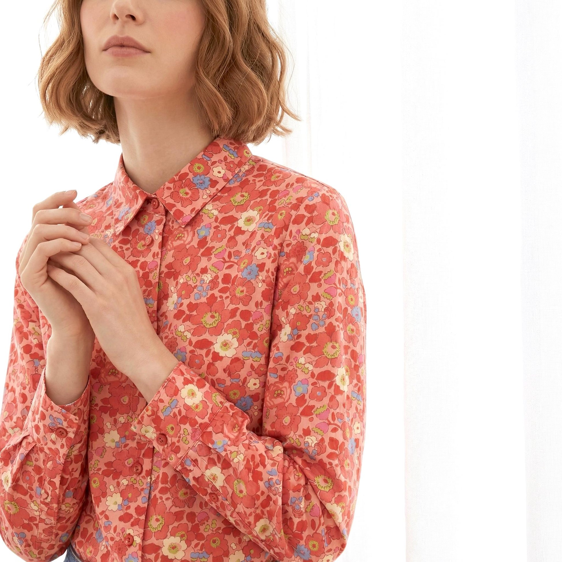 Liberty London Button-up Long-sleeved Dress Shirt, Handmade Botanical Clothing, Sustainable Cotton Womenswear, Tailoring Personalised Blouse