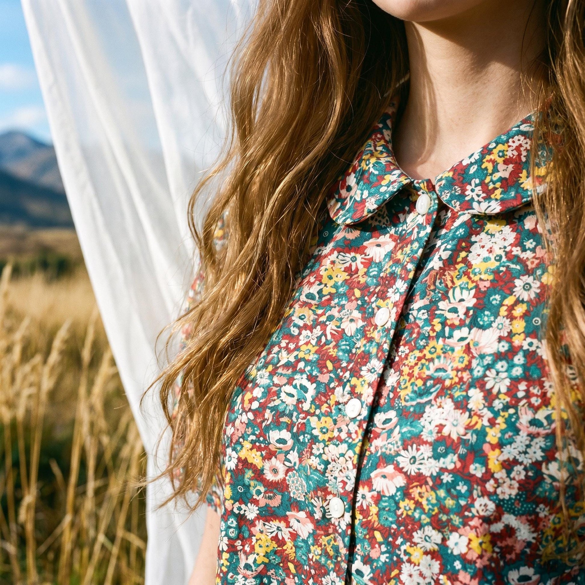 Liberty London Peter Pan Collared Button-Up Short Sleeves Shirt, Handmade Cotton Chemise, Sustainable Womenswear, Botanical Clothing