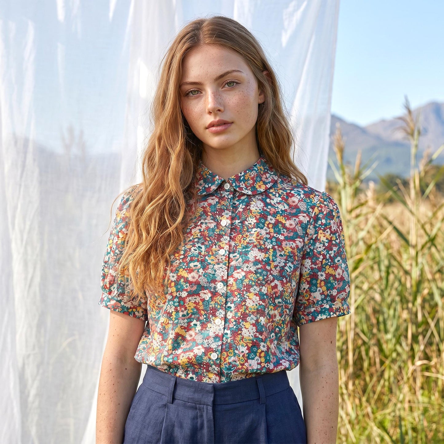 Liberty London Peter Pan Collared Button-Up Short Sleeves Shirt, Handmade Cotton Chemise, Sustainable Womenswear, Botanical Clothing