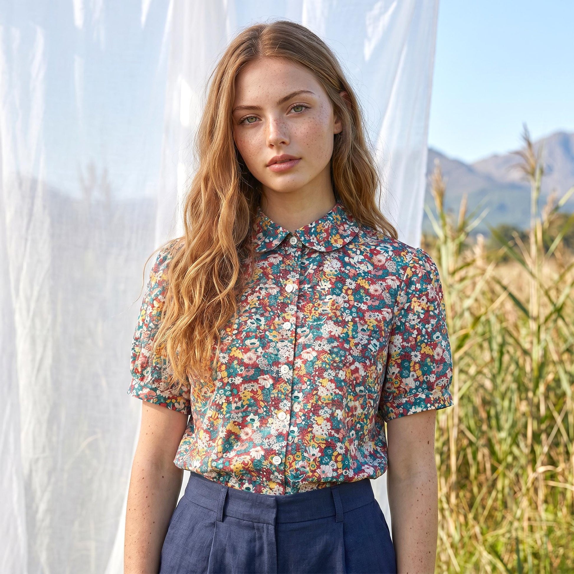 Liberty London Peter Pan Collared Button-Up Short Sleeves Shirt, Handmade Cotton Chemise, Sustainable Womenswear, Botanical Clothing