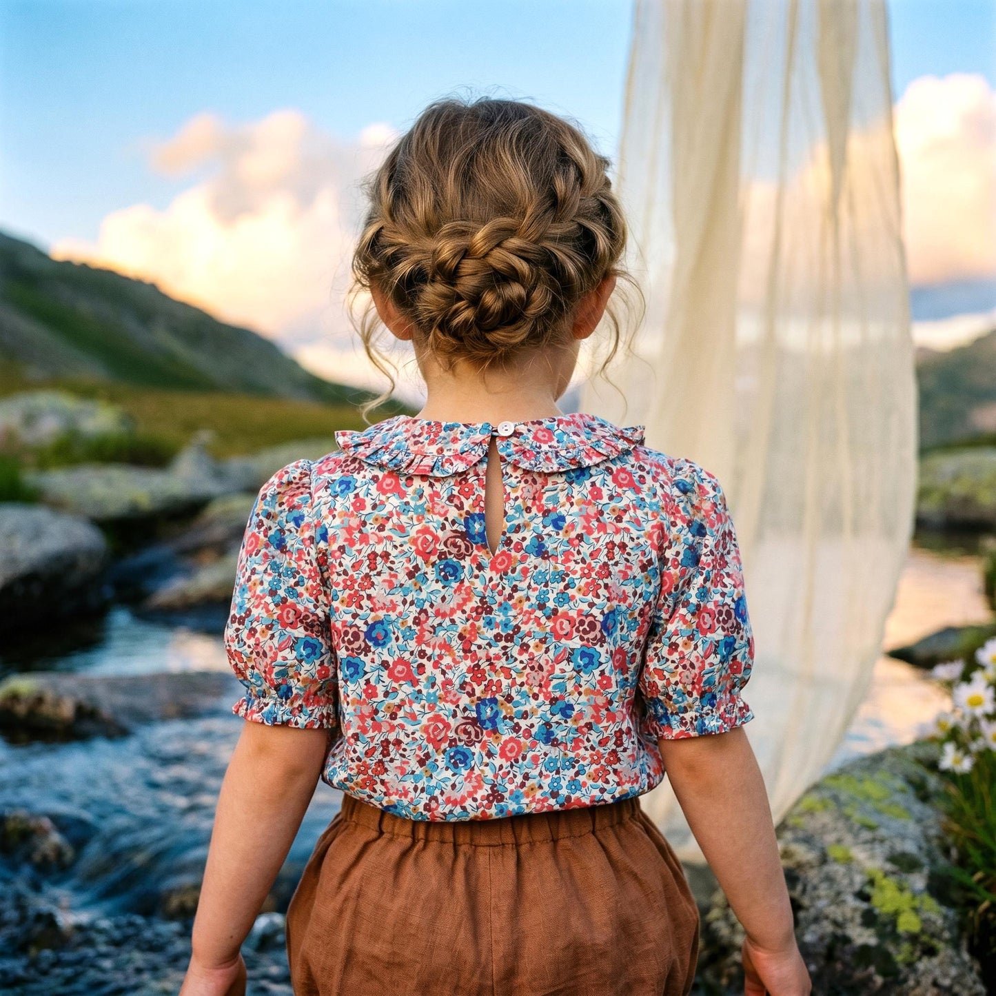 Liberty London Ruffle Peter-Pan Collared Short-sleeved Top, Handmade Sustainable Children Clothing, Customised Button-Up Blouse