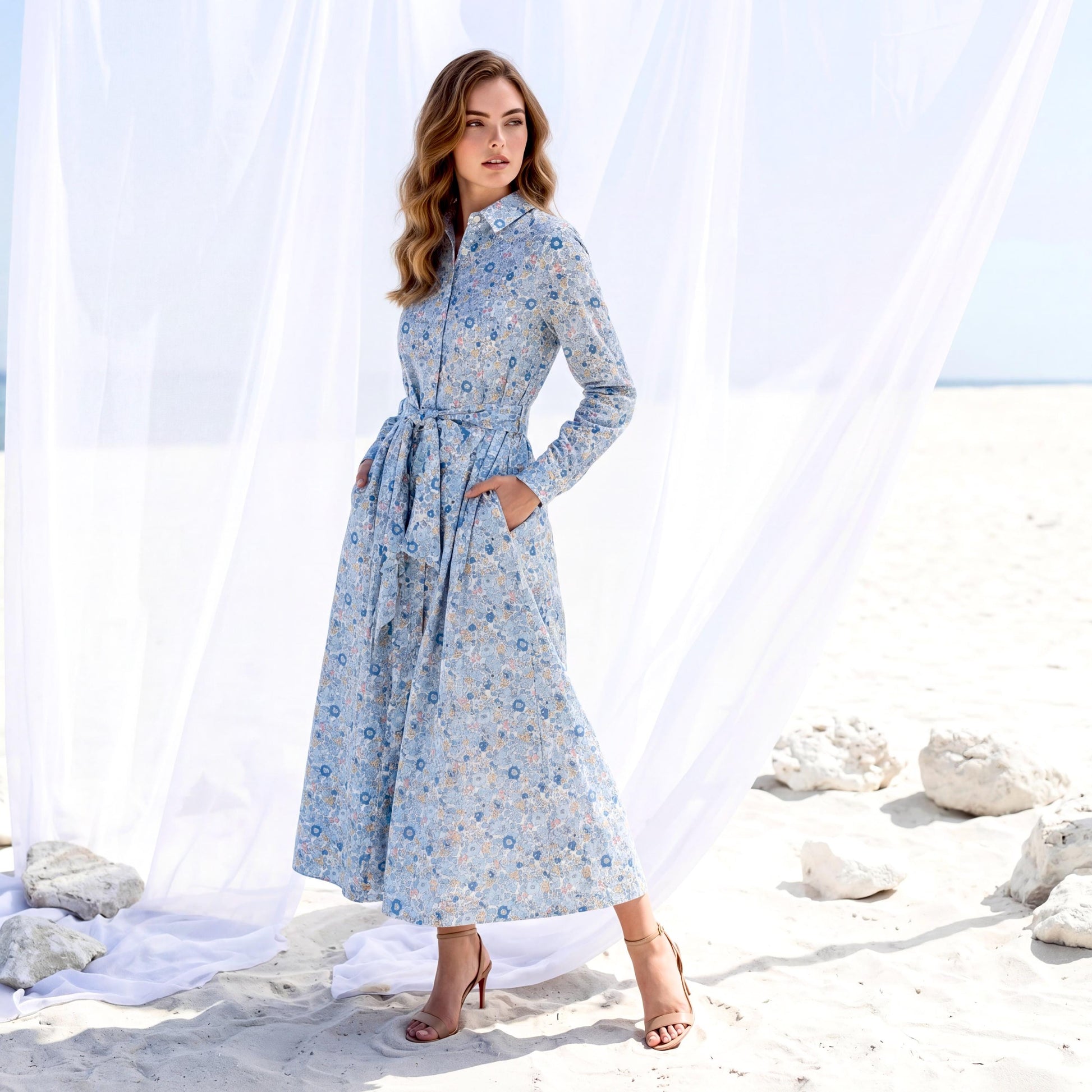 Liberty London Peter Pan Collared Long-sleeved Shirtdress, Personalised Handmade Sustainable Clothing, Botanical Lightweight Womenswear