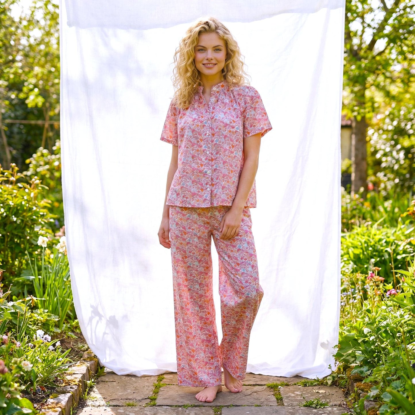 Liberty London Loungewear Clothing, Handmade Botanical Cotton Womenswear, Personalised Homewear, Customised Blouse Palazzo Trousers