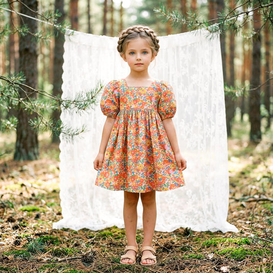 May include: A young girl wearing a floral print dress with short, puffed sleeves and a square neckline. The dress features a pattern of red, yellow, and blue flowers on an orange background. She is wearing tan sandals and has a braided hairstyle.