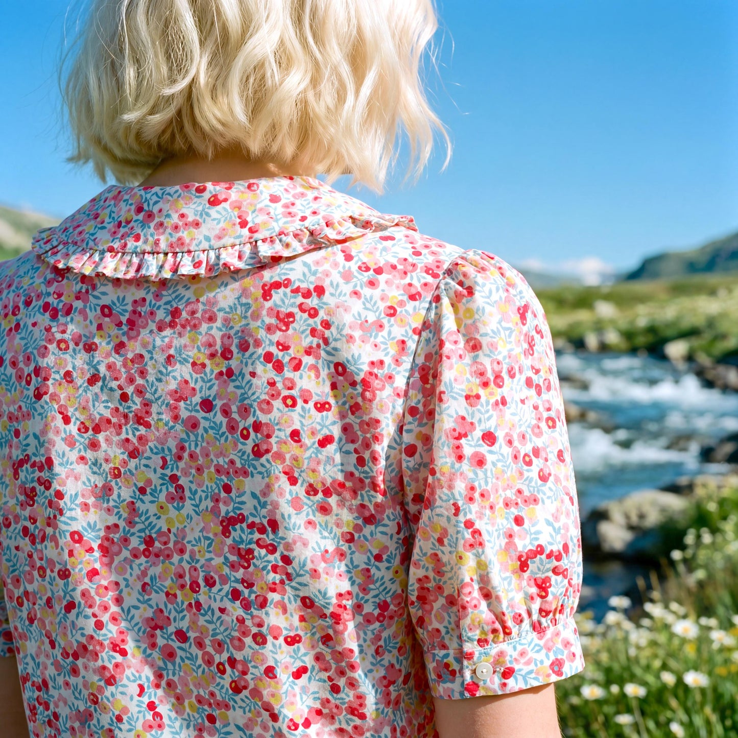 Liberty London Frilled Peter-Pan Collared Handmade Blouse, Button-up Puffed-Sleeves Chemise, Sustainable Tailoring Slow-fashioned Top