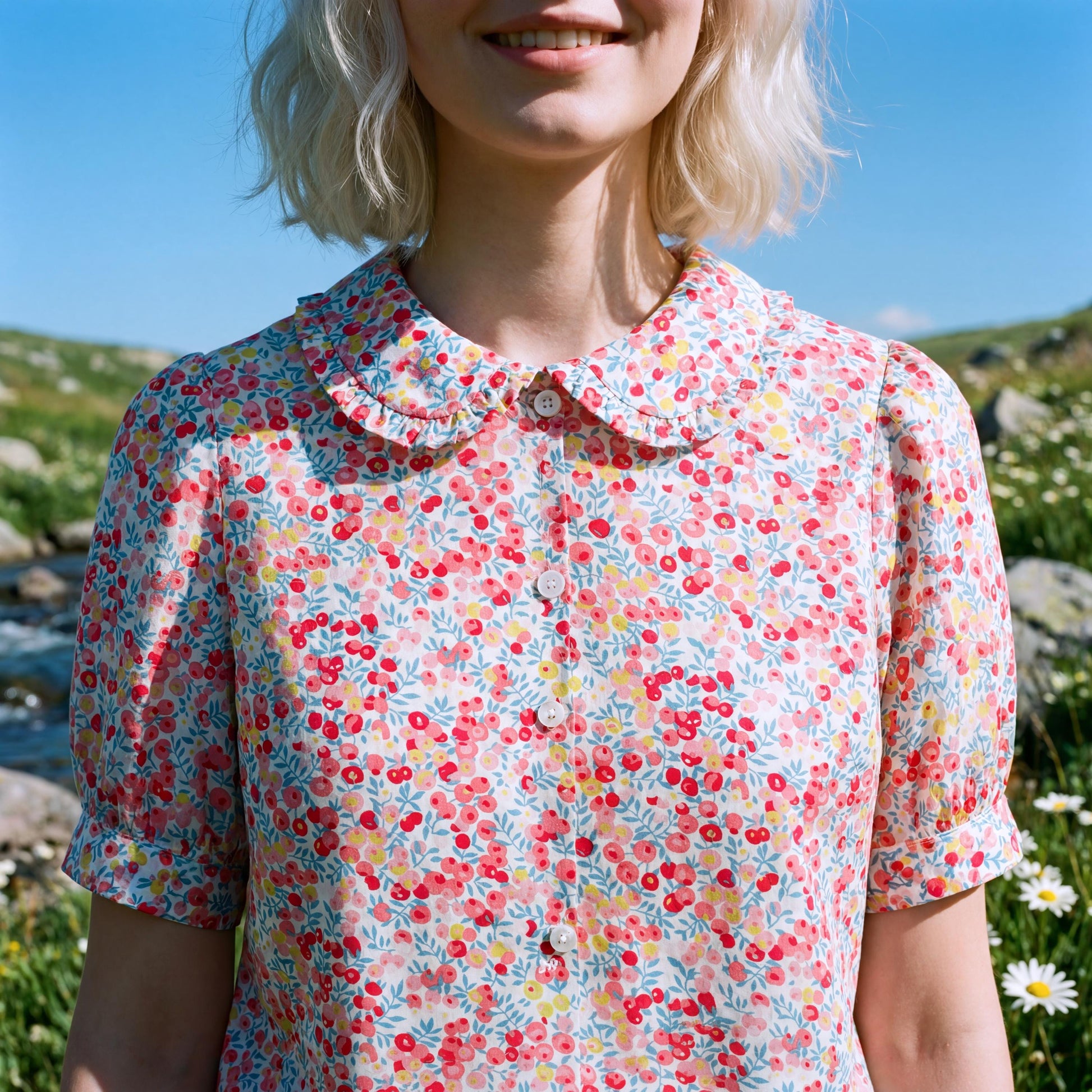 Liberty London Frilled Peter-Pan Collared Handmade Blouse, Button-up Puffed-Sleeves Chemise, Sustainable Tailoring Slow-fashioned Top
