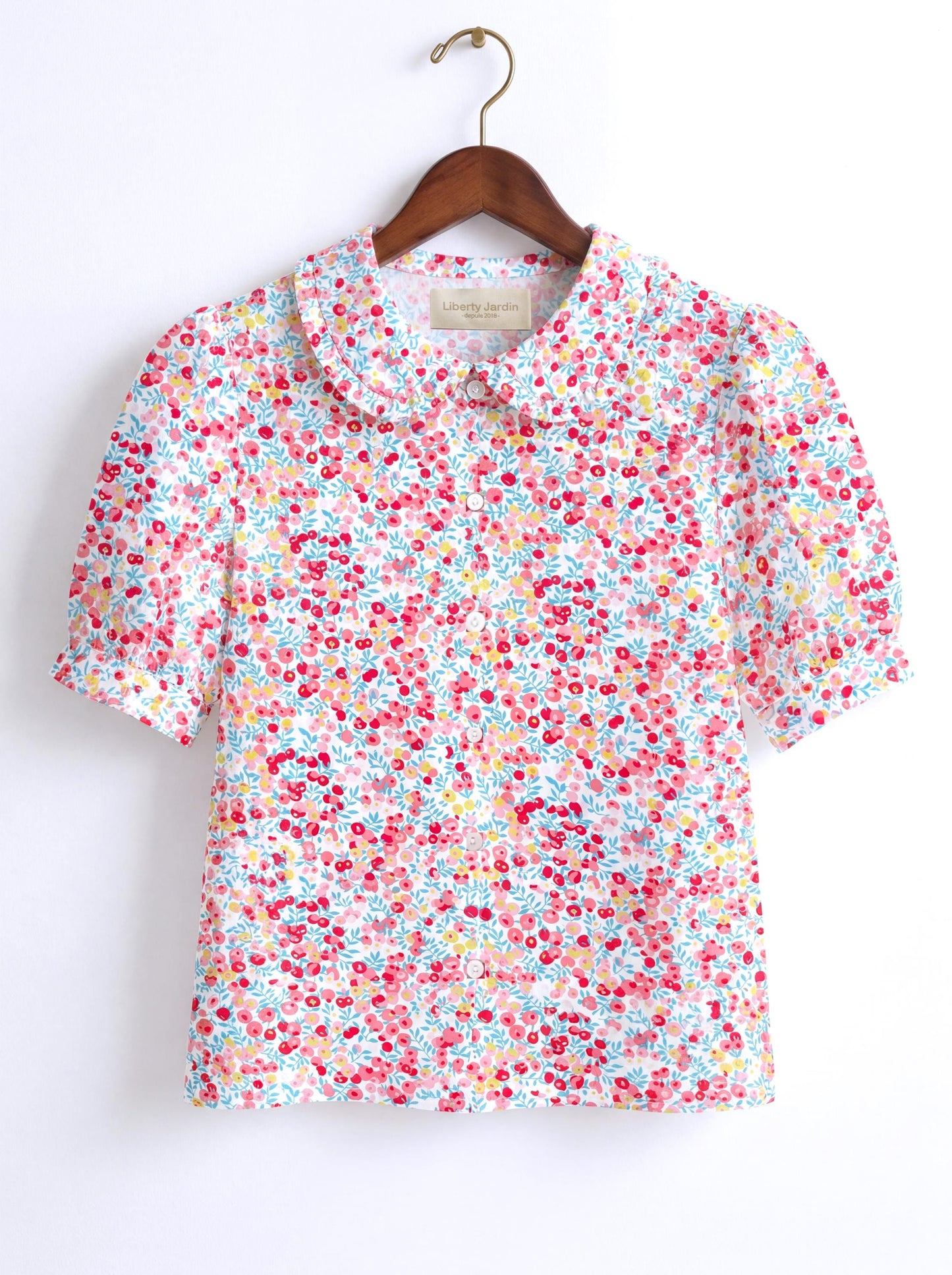 Liberty London Frilled Peter-Pan Collared Handmade Blouse, Button-up Puffed-Sleeves Chemise, Sustainable Tailoring Slow-fashioned Top