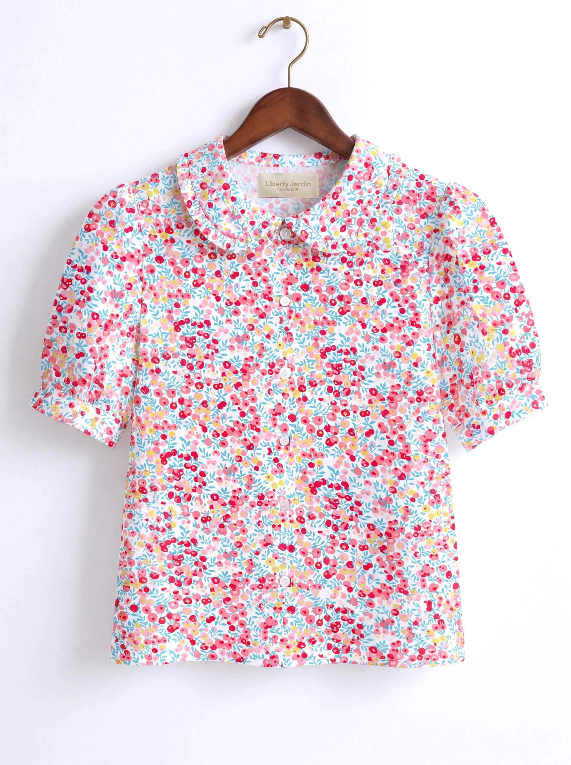 Liberty London Frilled Peter-Pan Collared Handmade Blouse, Button-up Puffed-Sleeves Chemise, Sustainable Tailoring Slow-fashioned Top