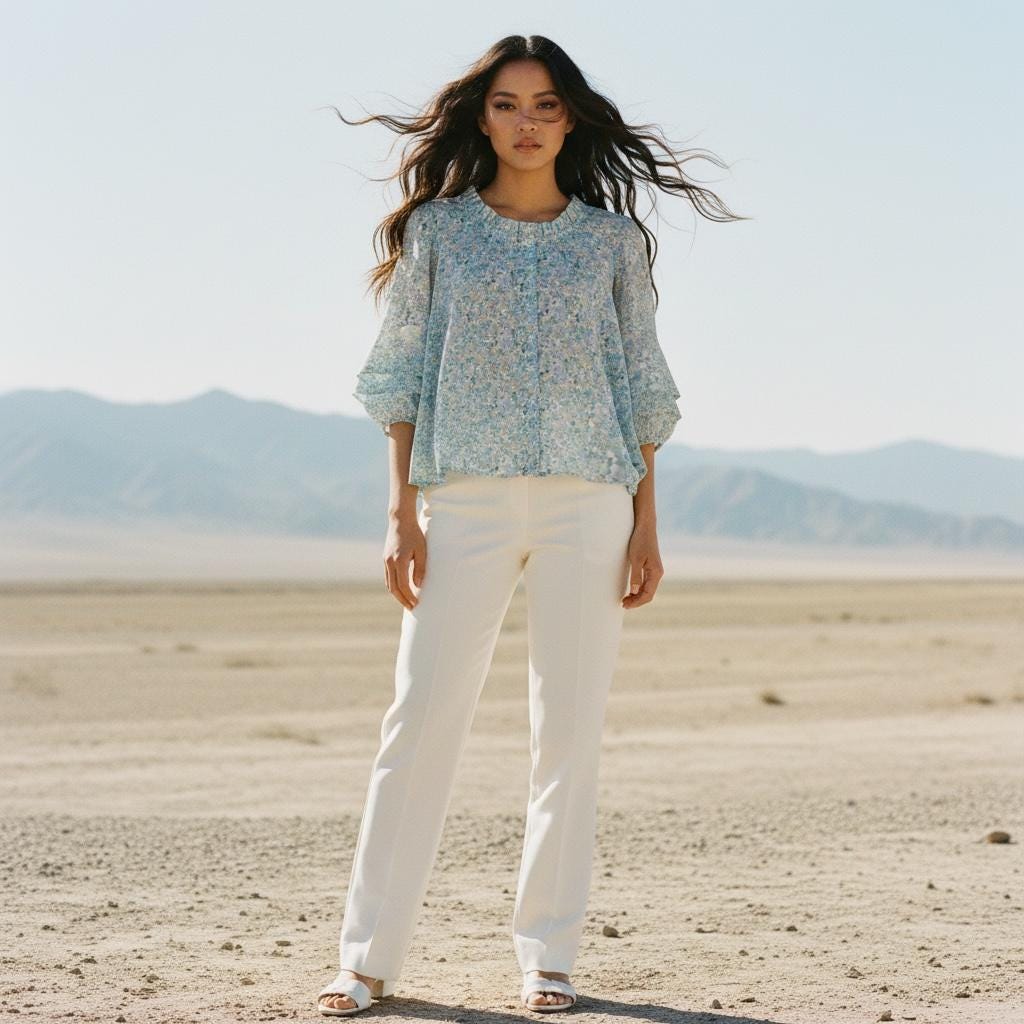 May include: A woman wearing a light blue floral print blouse with three-quarter sleeves and white pants. The blouse has a round neckline and a button-down front. The pants are straight-legged and the woman is wearing white sandals. The background is a desert landscape.