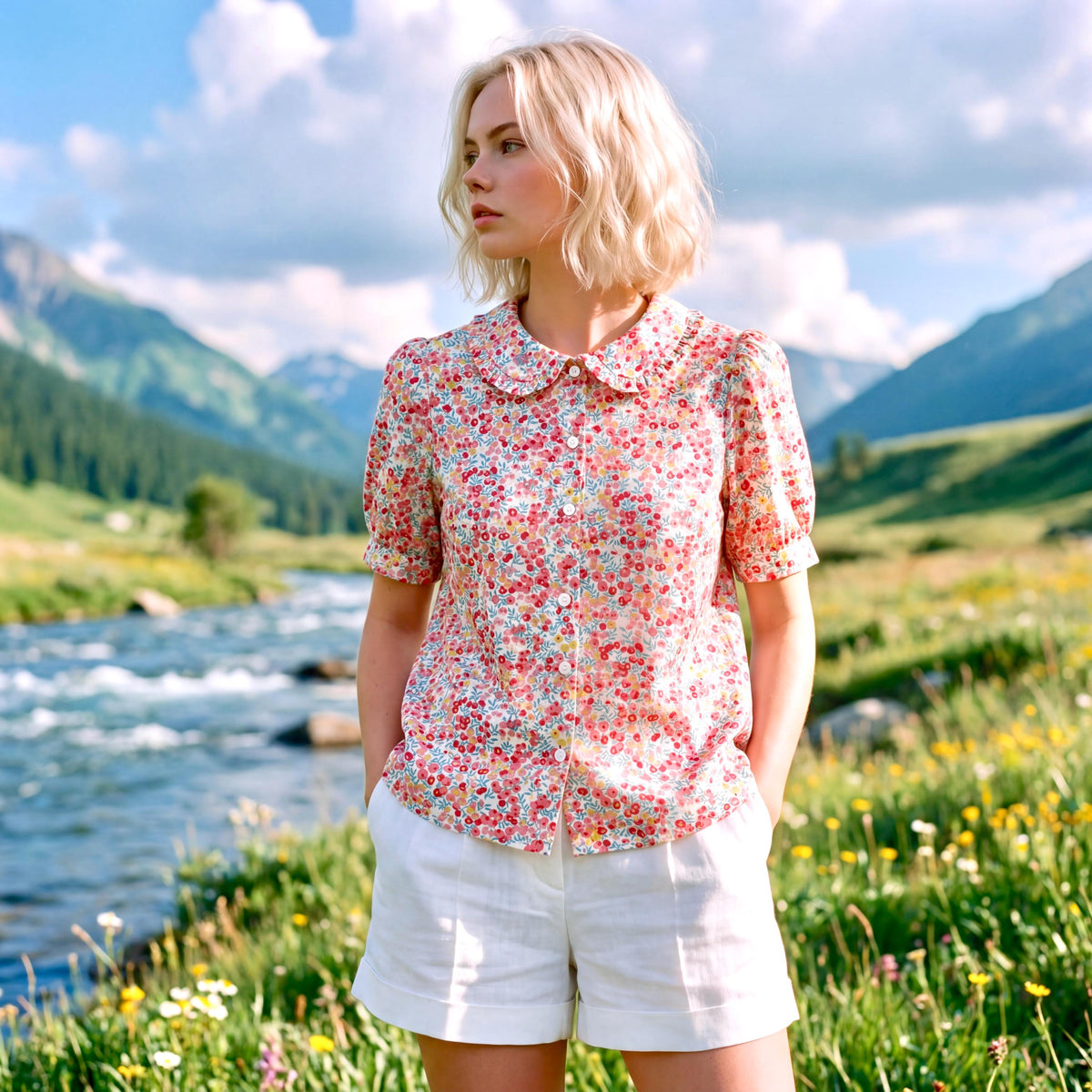 May include: A floral print blouse with a rounded collar and short sleeves. The blouse is buttoned down and paired with white shorts. The background features a river, mountains, and a blue sky with clouds, creating a scenic outdoor setting.