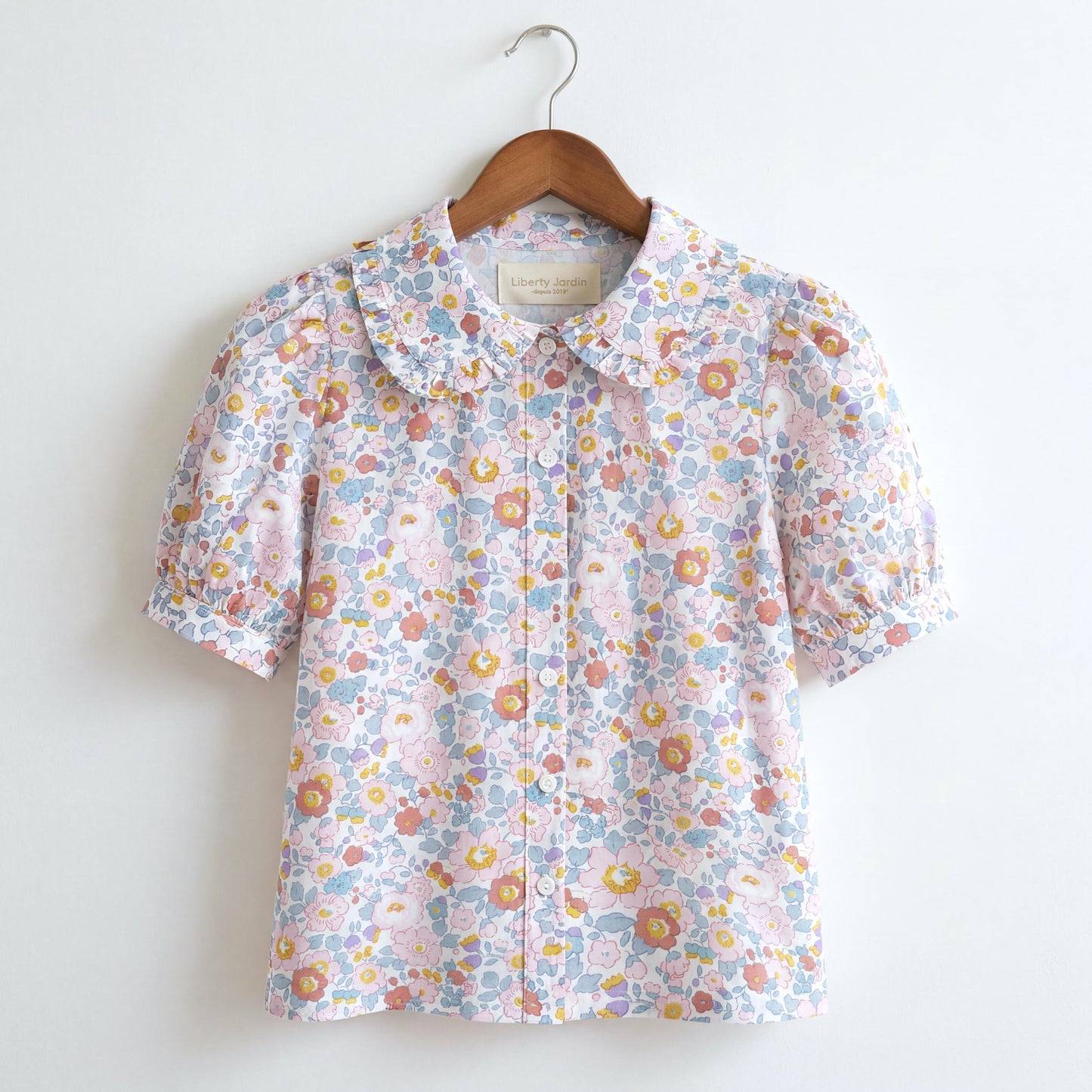 Liberty London Ruffle Peter-Pan Collared Short-sleeved Top, Handmade Sustainable Children Clothing, Customised Button-Up Blouse