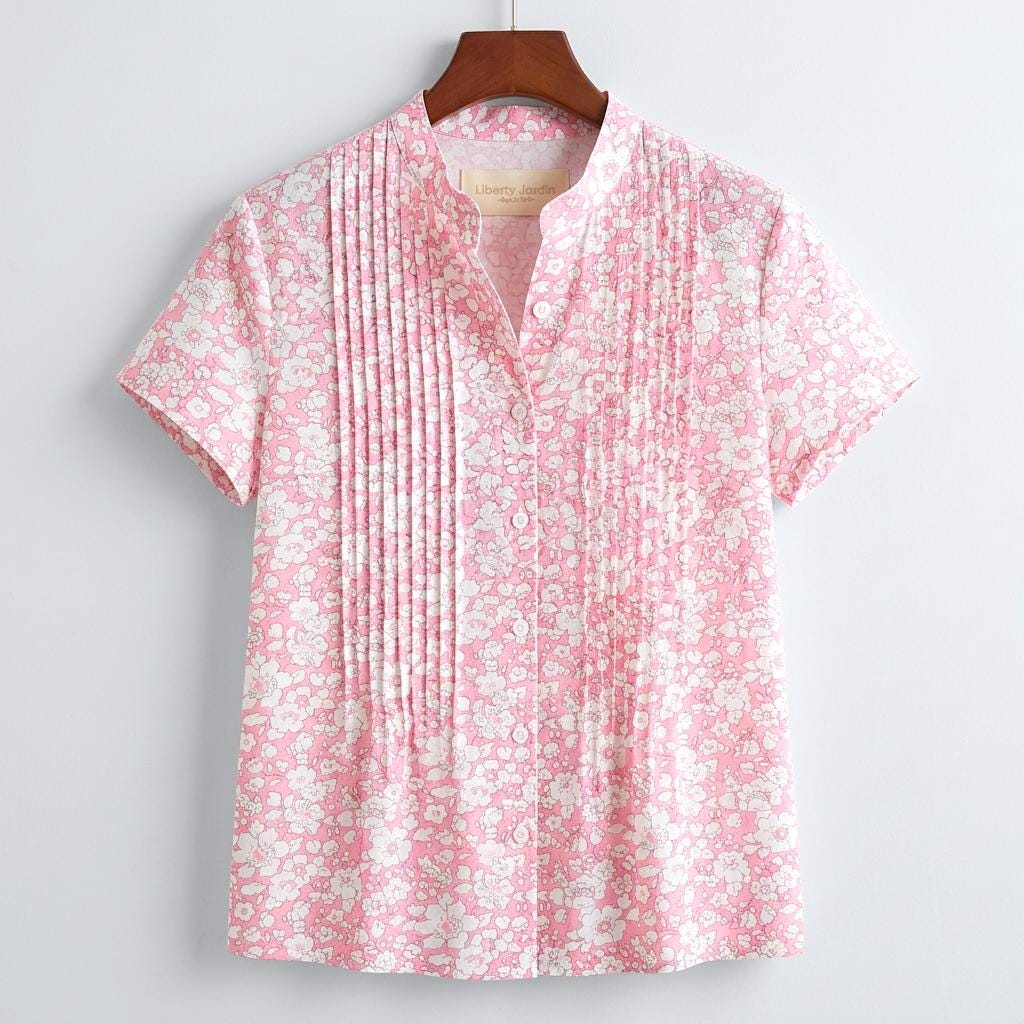 Liberty London Pin-tuck Mandarin Collar Blouse, Short Sleeves Button-up Shirt, Handmade Personalised Cotton Top