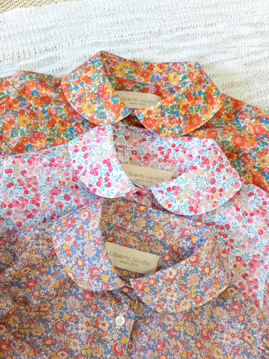 Liberty London Peter Pan Collared Handmade Chemise, Button-up Botanical Personalised Shirt, Minimalist Versatile Clothing, Short Sleeves Top