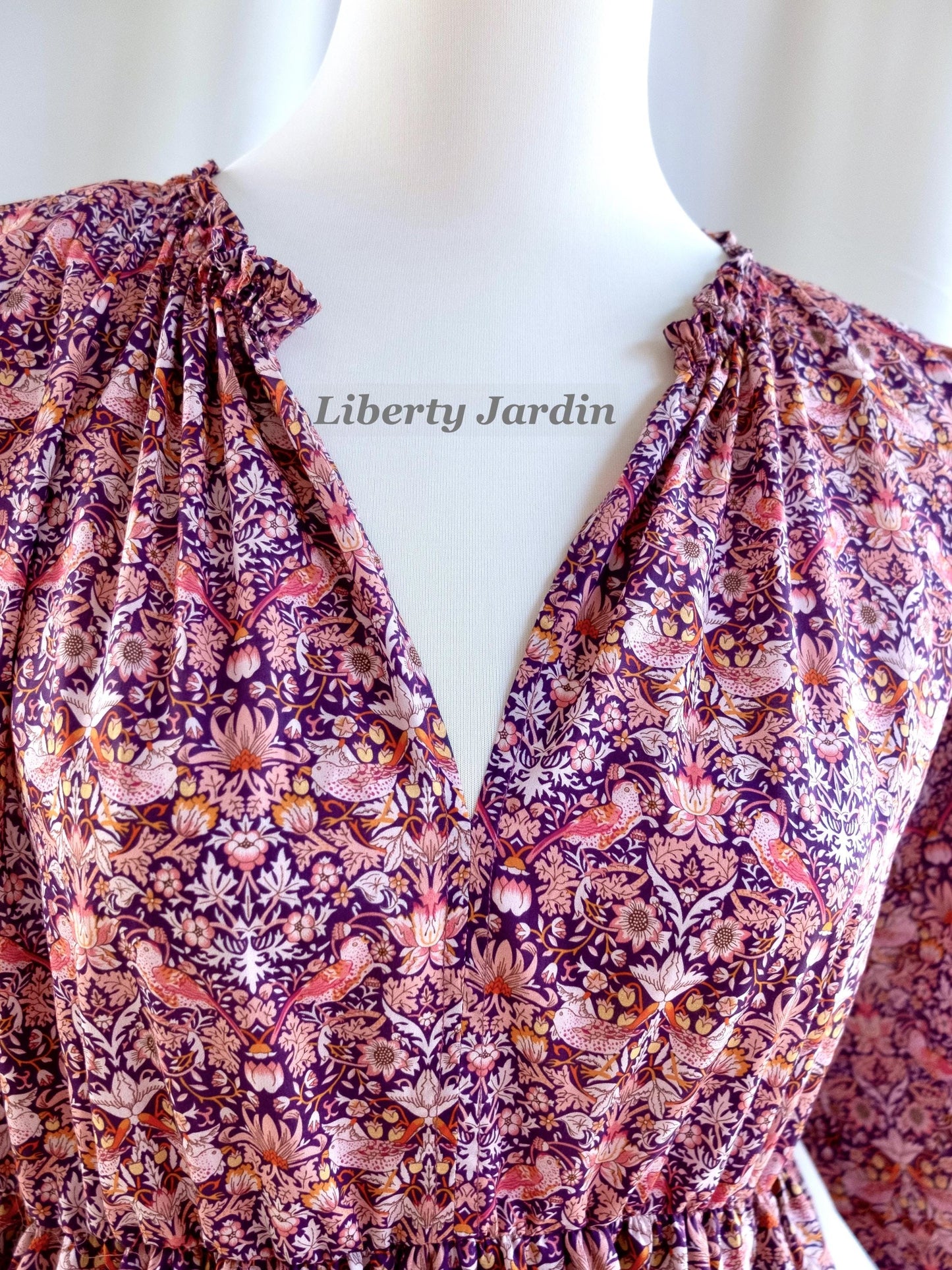 Liberty London V-neck Three-quarter Sleeves Smock Dress, Customised Tailoring Womenswear, Sustainable Botanical Personalised Clothing