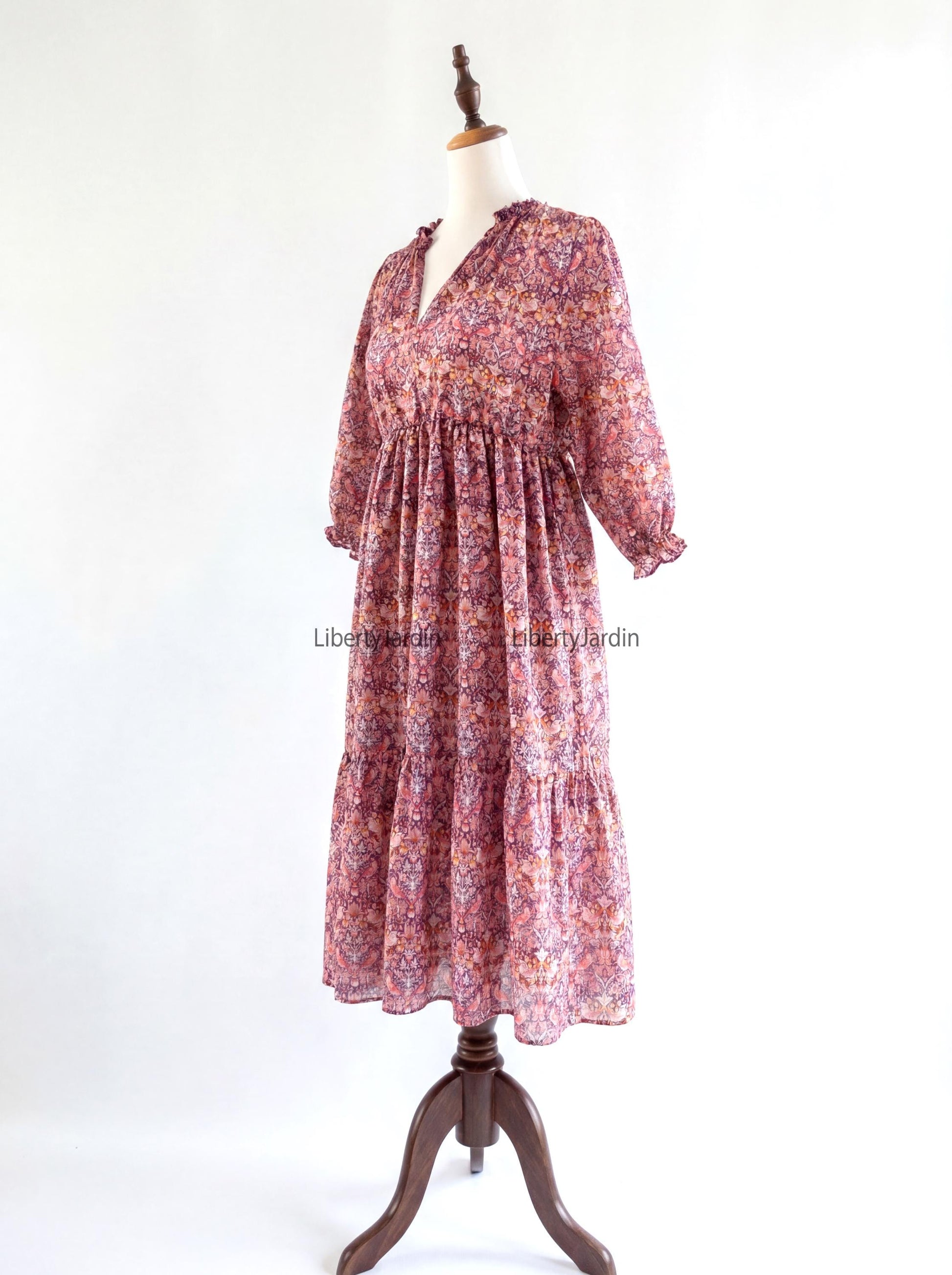 Liberty London V-neck Three-quarter Sleeves Smock Dress, Customised Tailoring Womenswear, Sustainable Botanical Personalised Clothing