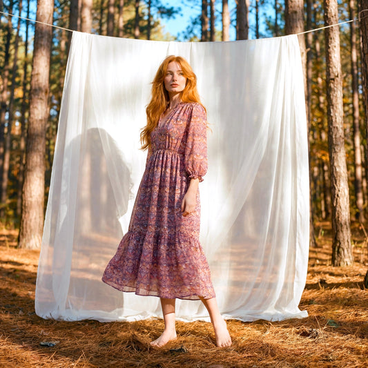 Liberty London V-neck Three-quarter Sleeves Smock Dress, Customised Tailoring Womenswear, Sustainable Botanical Personalised Clothing