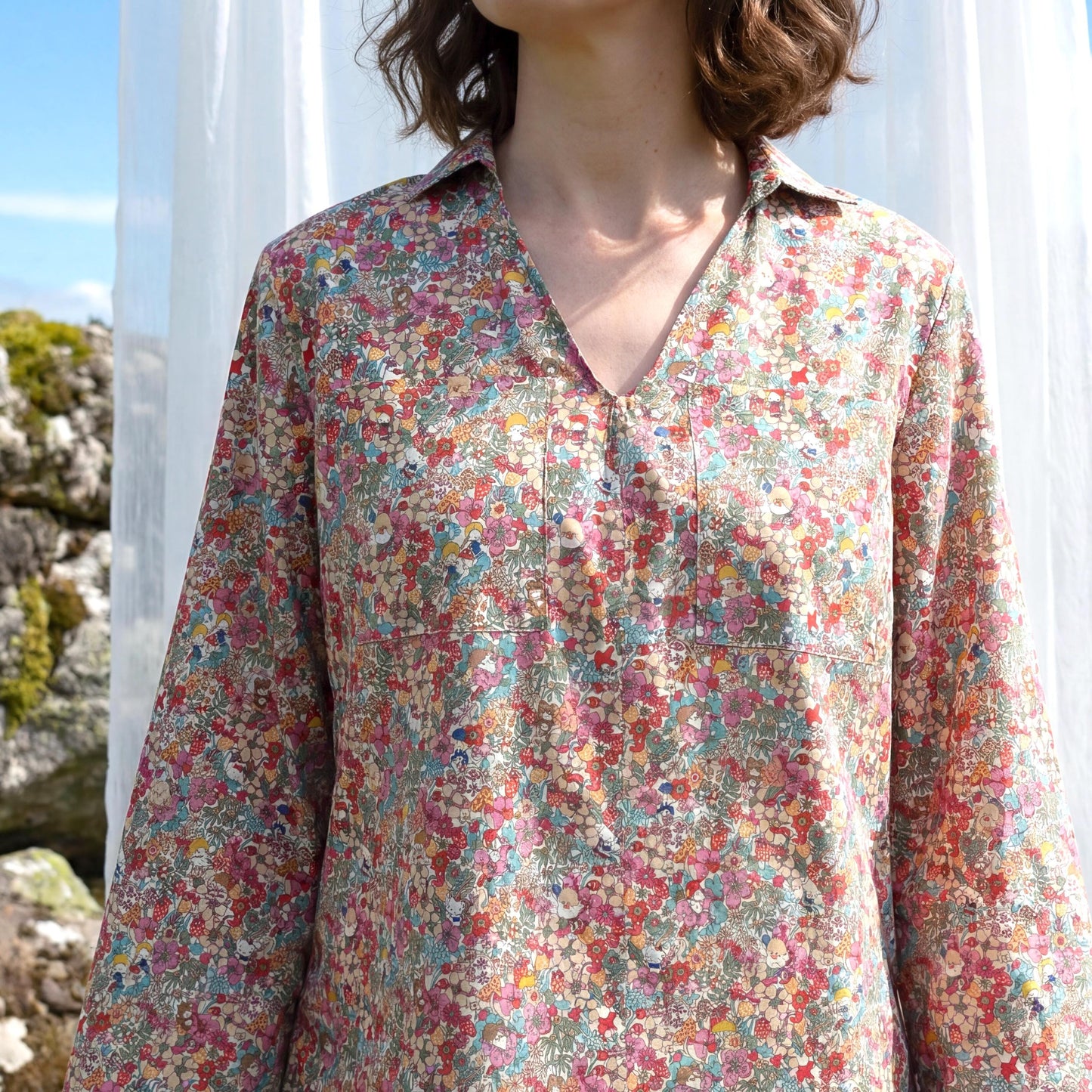 Liberty London Kimono Pop-Up Shirt, Long-sleeved Collared Top, Personalised Sustainable Clothing, Botanical Cotton Womenswear