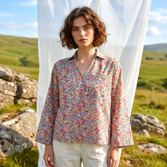 Liberty London Kimono Pop-Up Shirt, Long-sleeved Collared Top, Personalised Sustainable Clothing, Botanical Cotton Womenswear