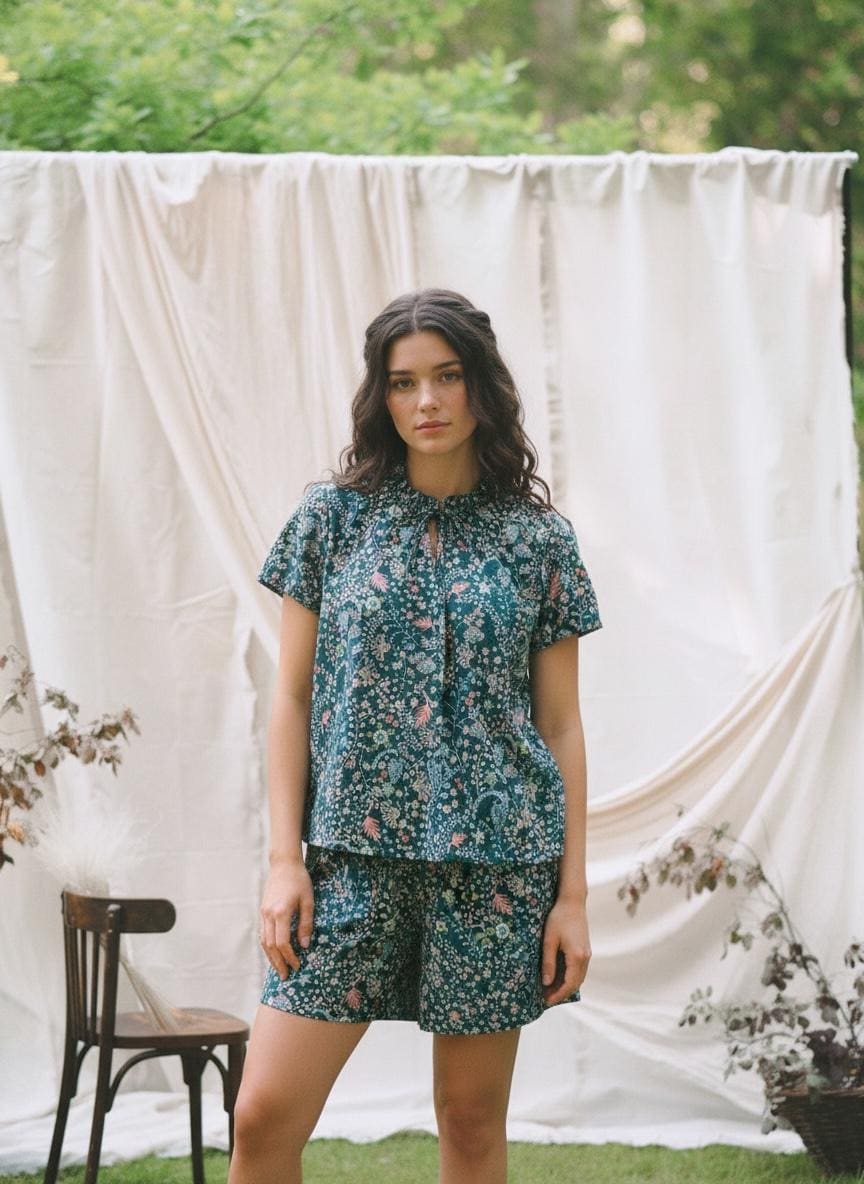 May include: A teal floral print pajama set. The short-sleeved top and shorts feature a delicate pattern of pink, white, and blue flowers. The outfit is made of a soft, lightweight fabric, perfect for warm weather or lounging.