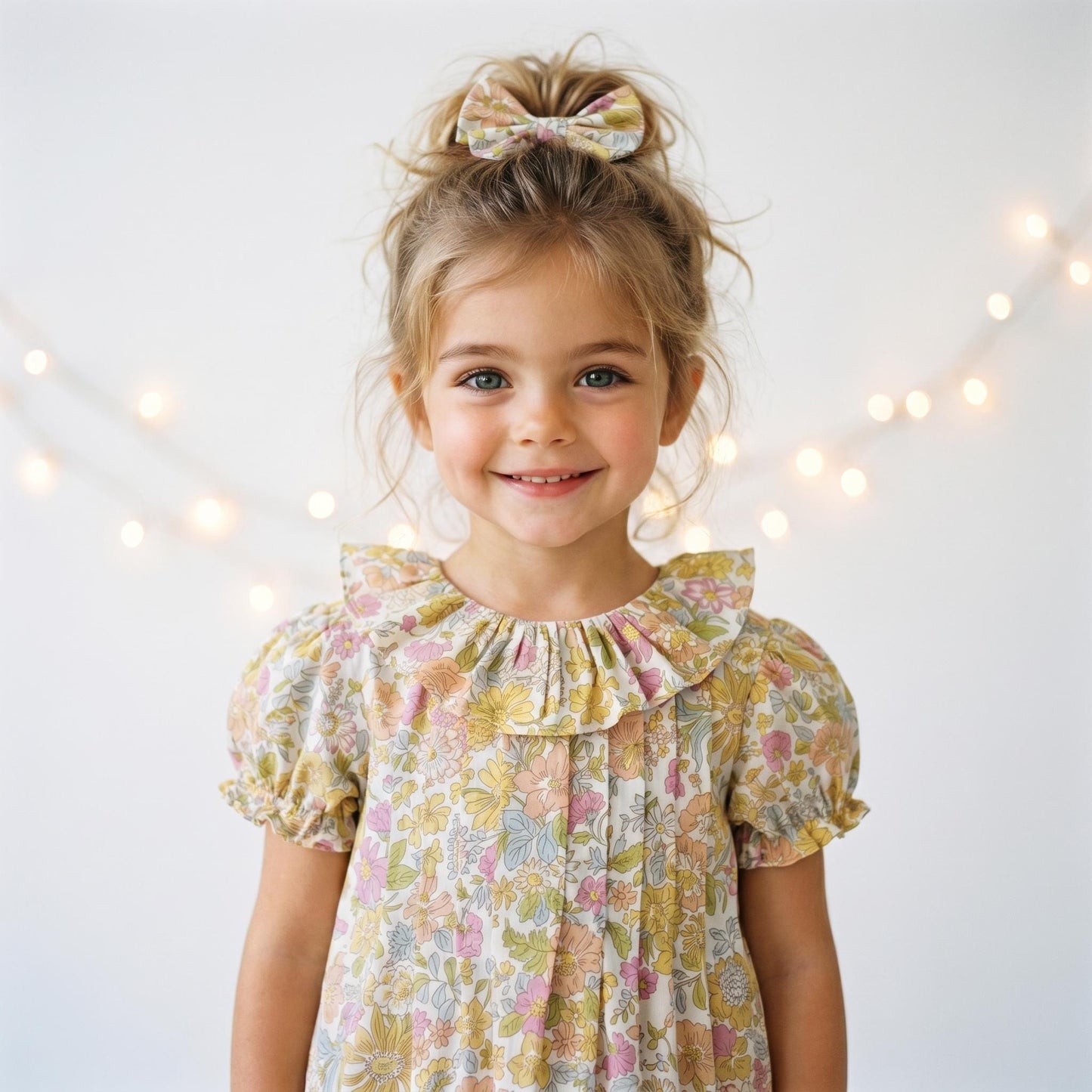 Liberty London Heirloom Children-wear, Pierrot Ruffle Collared Short-Sleeved Bubble Romper, Handmade Sustainable Ethical Clothing