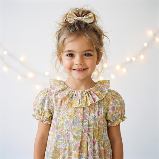 Liberty London Heirloom Children-wear, Pierrot Ruffle Collared Short-Sleeved Bubble Romper, Handmade Sustainable Ethical Clothing
