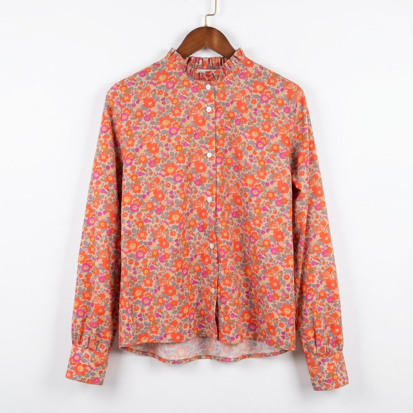 Long Sleeves Liberty London Ruffle Collared Button-up Blouse, Personalised Cotton Chemise, Handmade Sustainable Womenswear