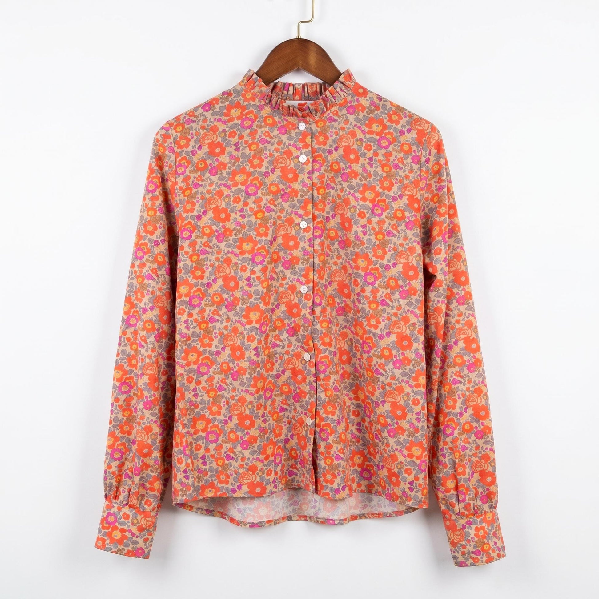 Long Sleeves Liberty London Ruffle Collared Button-up Blouse, Personalised Cotton Chemise, Handmade Sustainable Womenswear