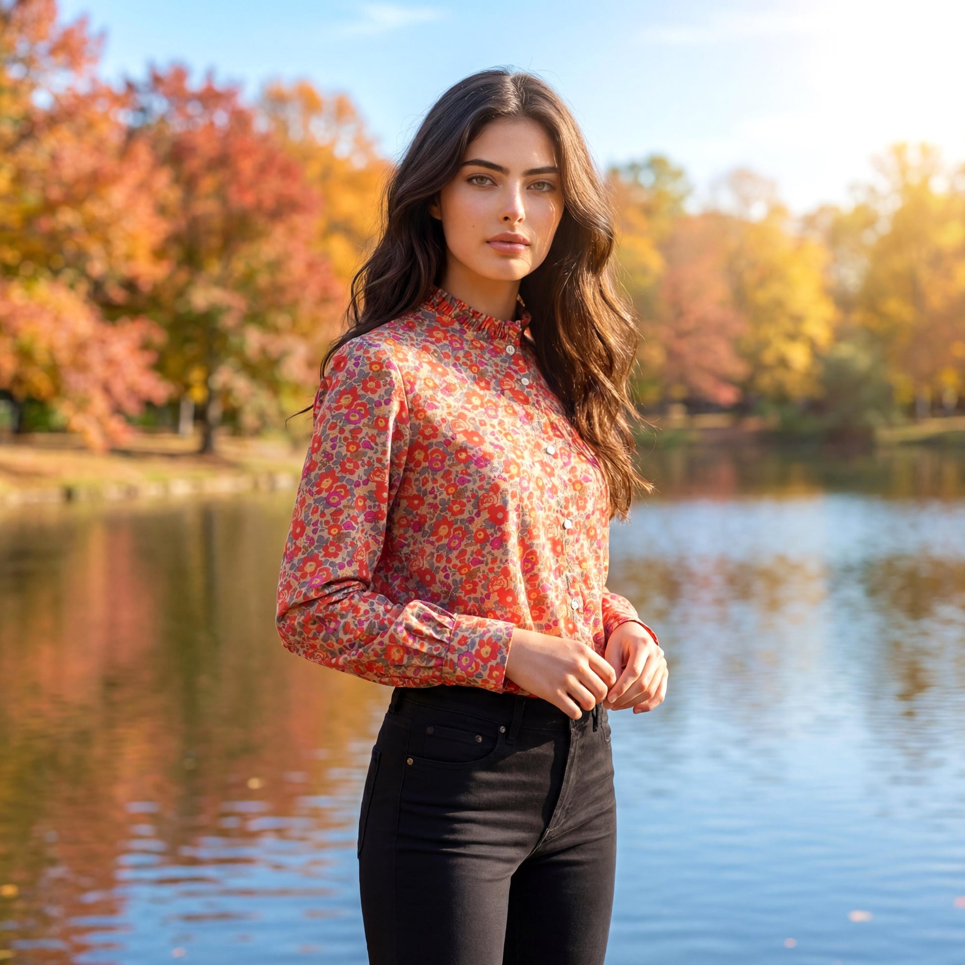 Long Sleeves Liberty London Ruffle Collared Button-up Blouse, Personalised Cotton Chemise, Handmade Sustainable Womenswear