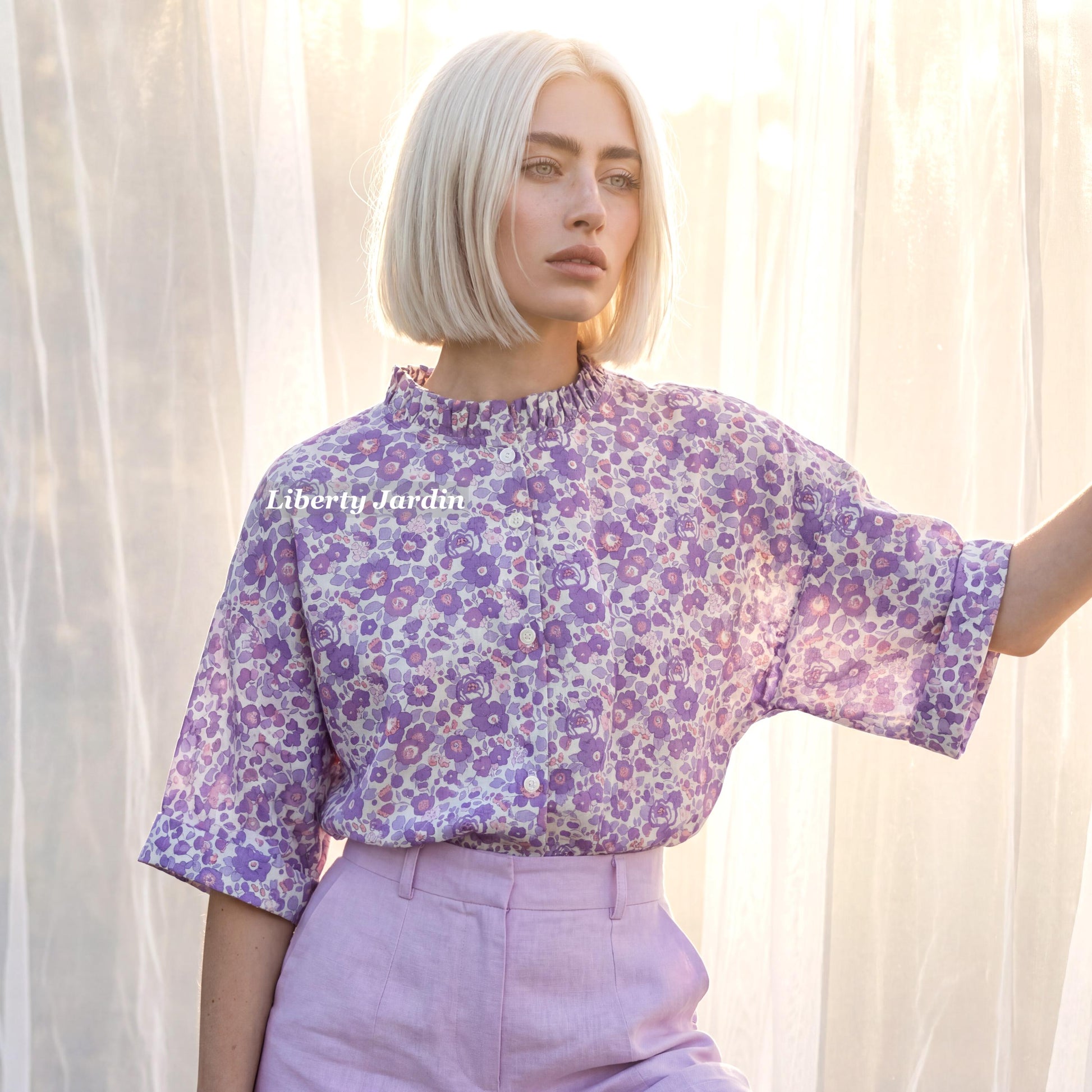 Liberty London Ruffle Collared Blouse, Handmade Botanical Sustainable Clothing, Personalised Womenswear, Customised Tailoring Chemise