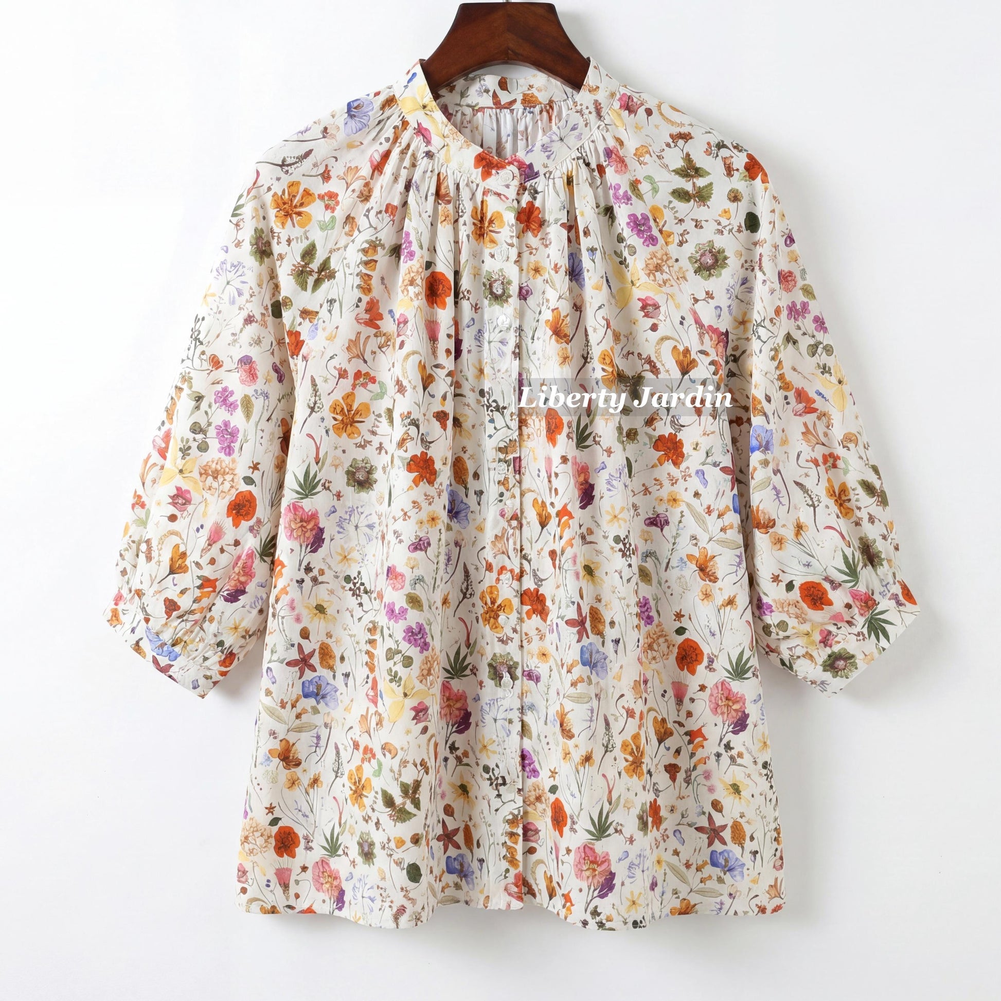 Mandarin Collar Liberty Blouse Floral Print 3/4 Sleeves